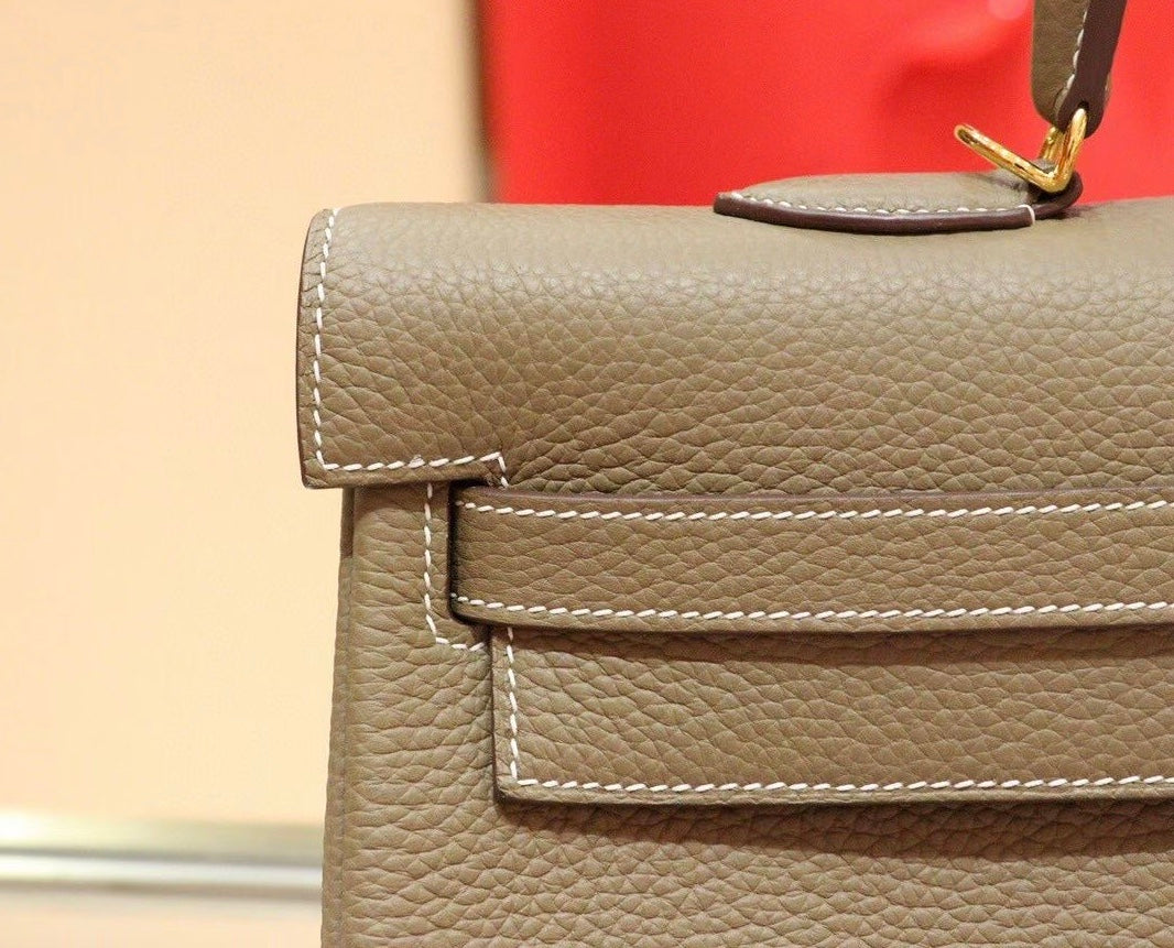 Luxury Taupe Leather Kelly Style Handbag