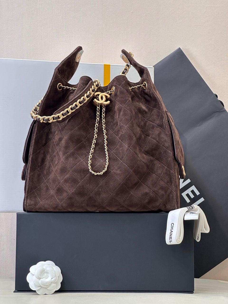 CHANEL Brown Suede Chain Bucket Bag
