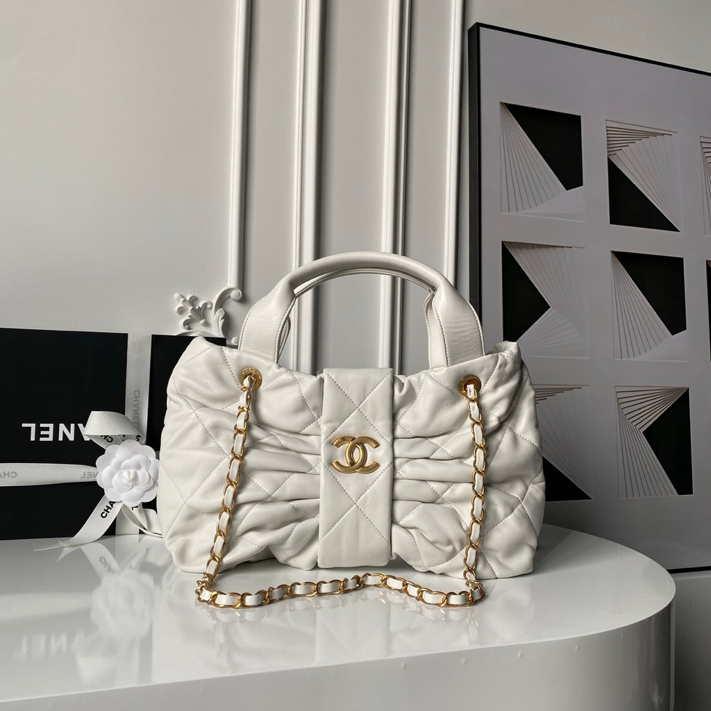 Chanel White Quilted Gathered Tote Bag