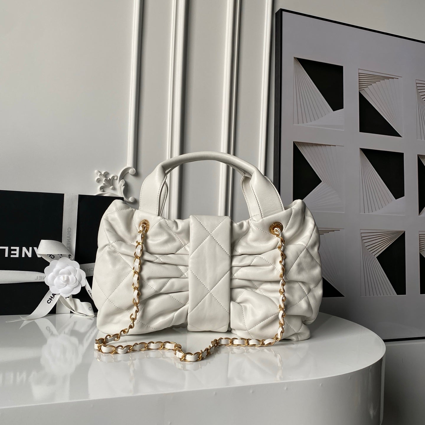 Chanel White Quilted Gathered Tote Bag