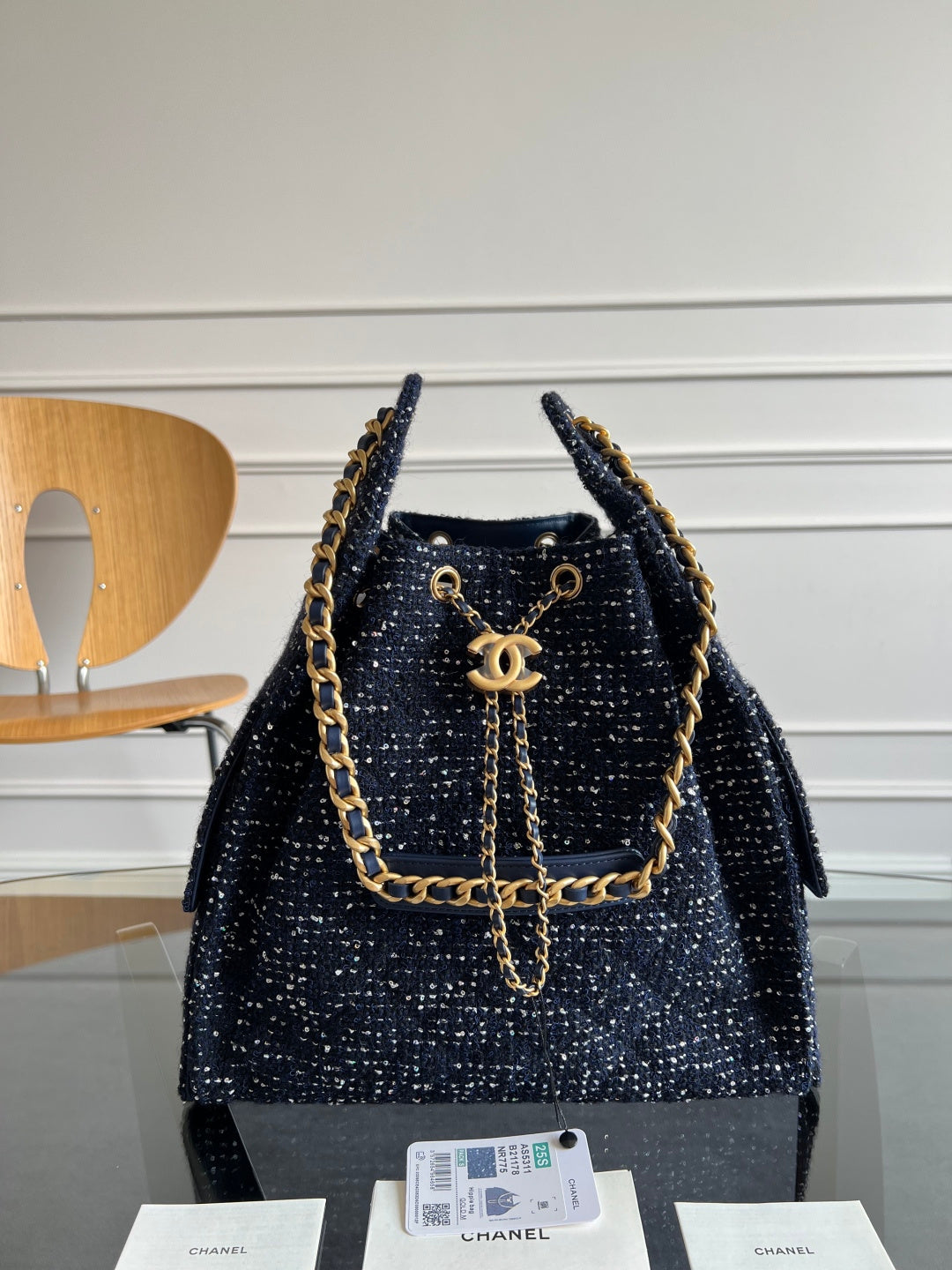 Chanel Black Sequin Tweed Bucket Bag