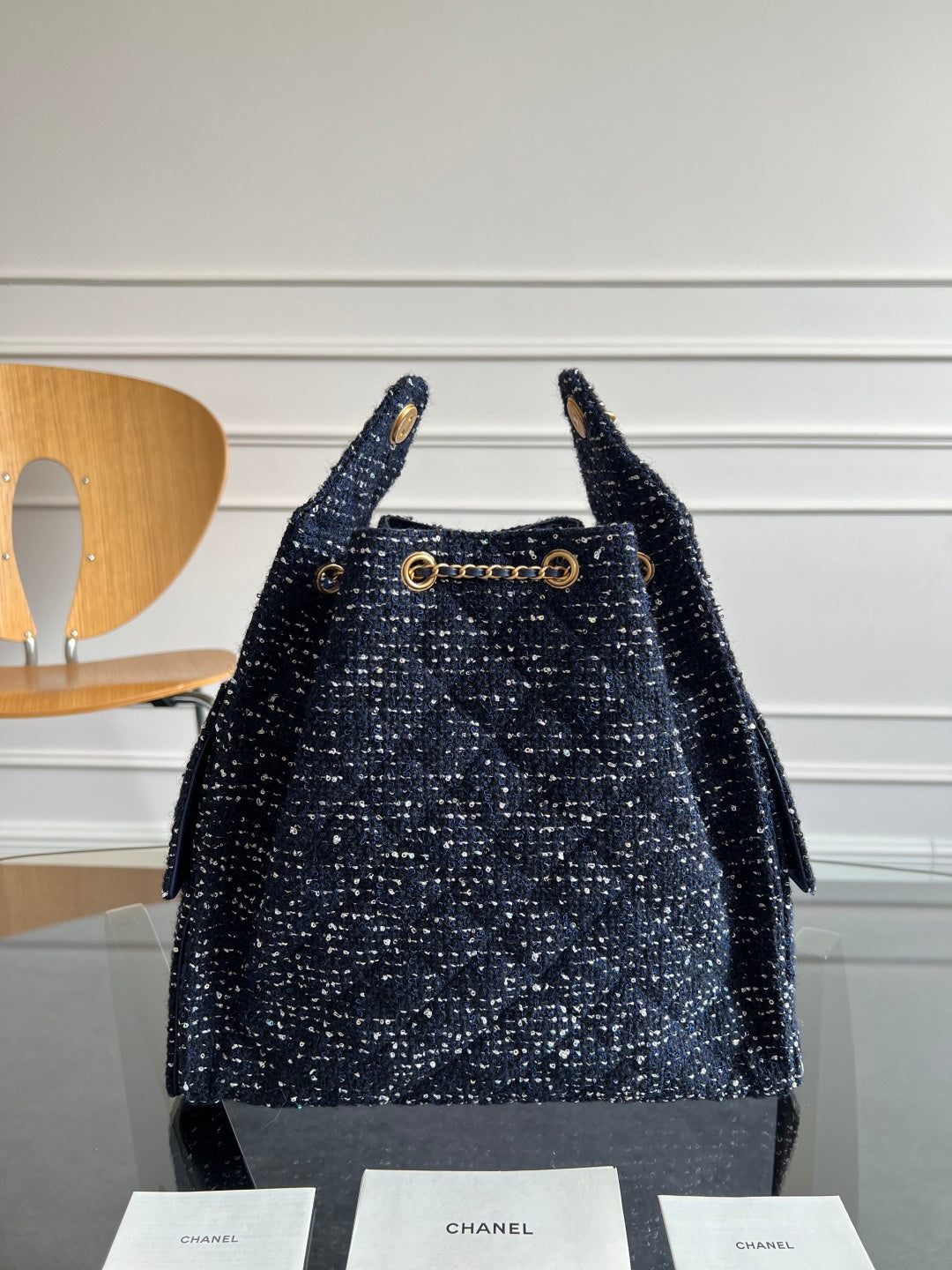 Chanel Black Sequin Tweed Bucket Bag