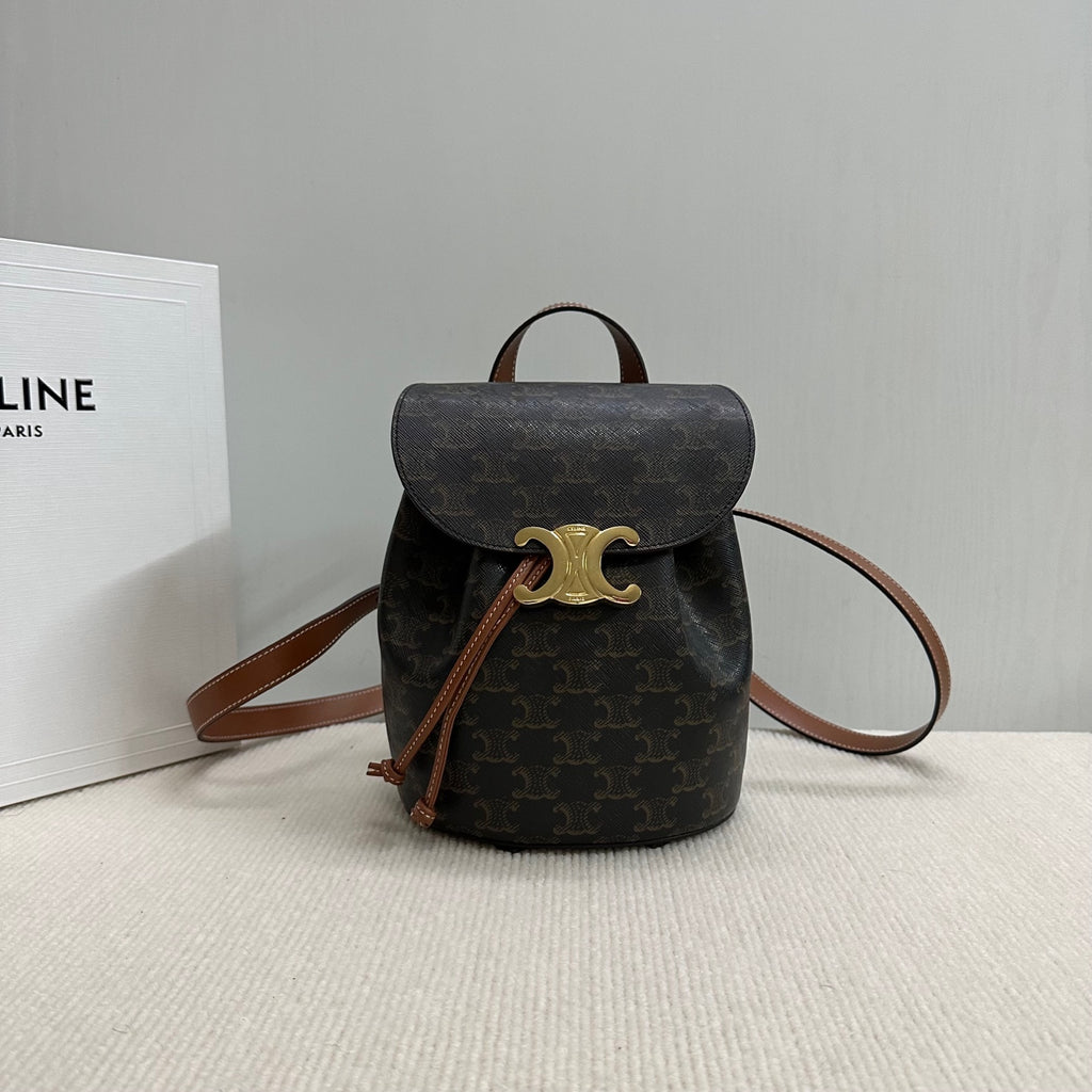 Celine Triomphe Backpack - Black Monogram Canvas & Tan Leather