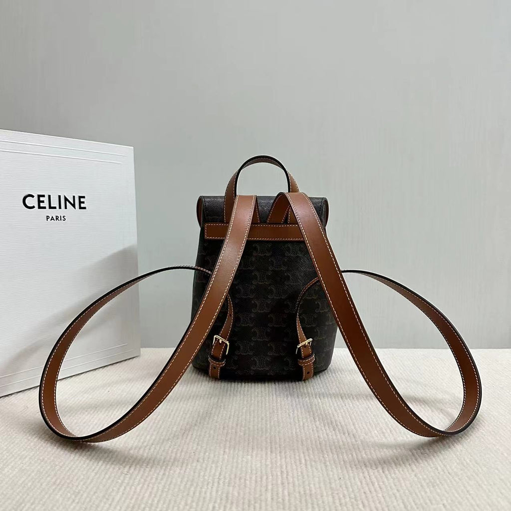 Celine Triomphe Backpack - Black Monogram Canvas & Tan Leather