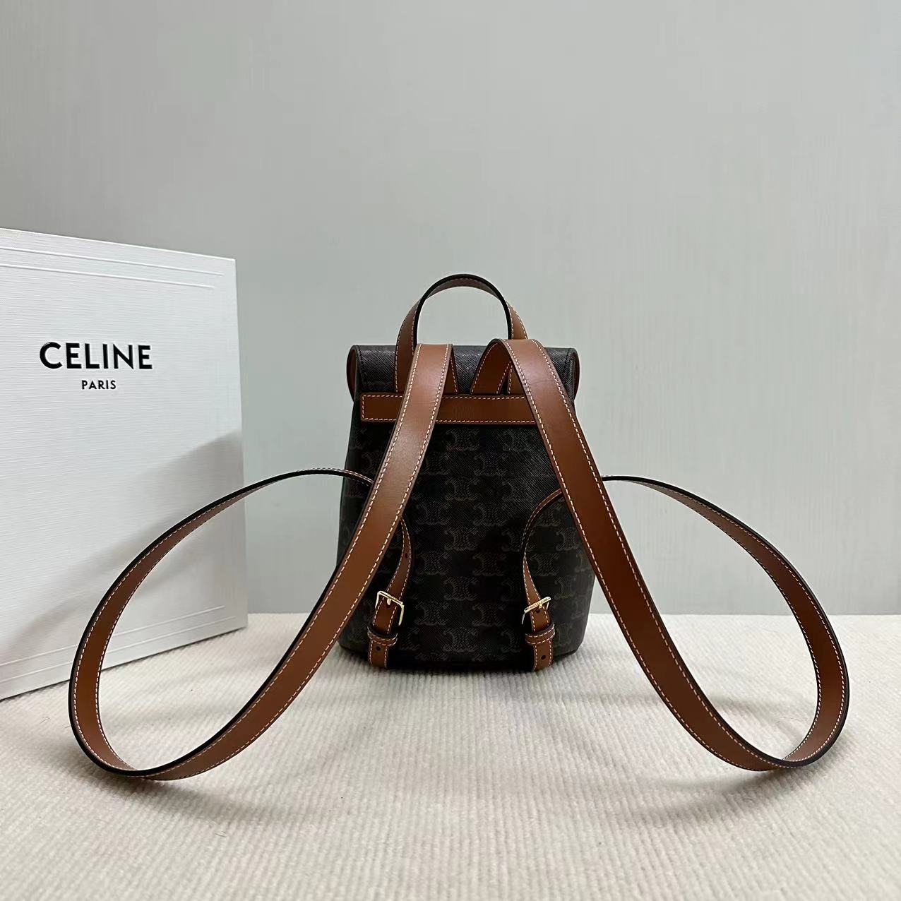 Celine Triomphe Backpack - Black Monogram Canvas & Tan Leather