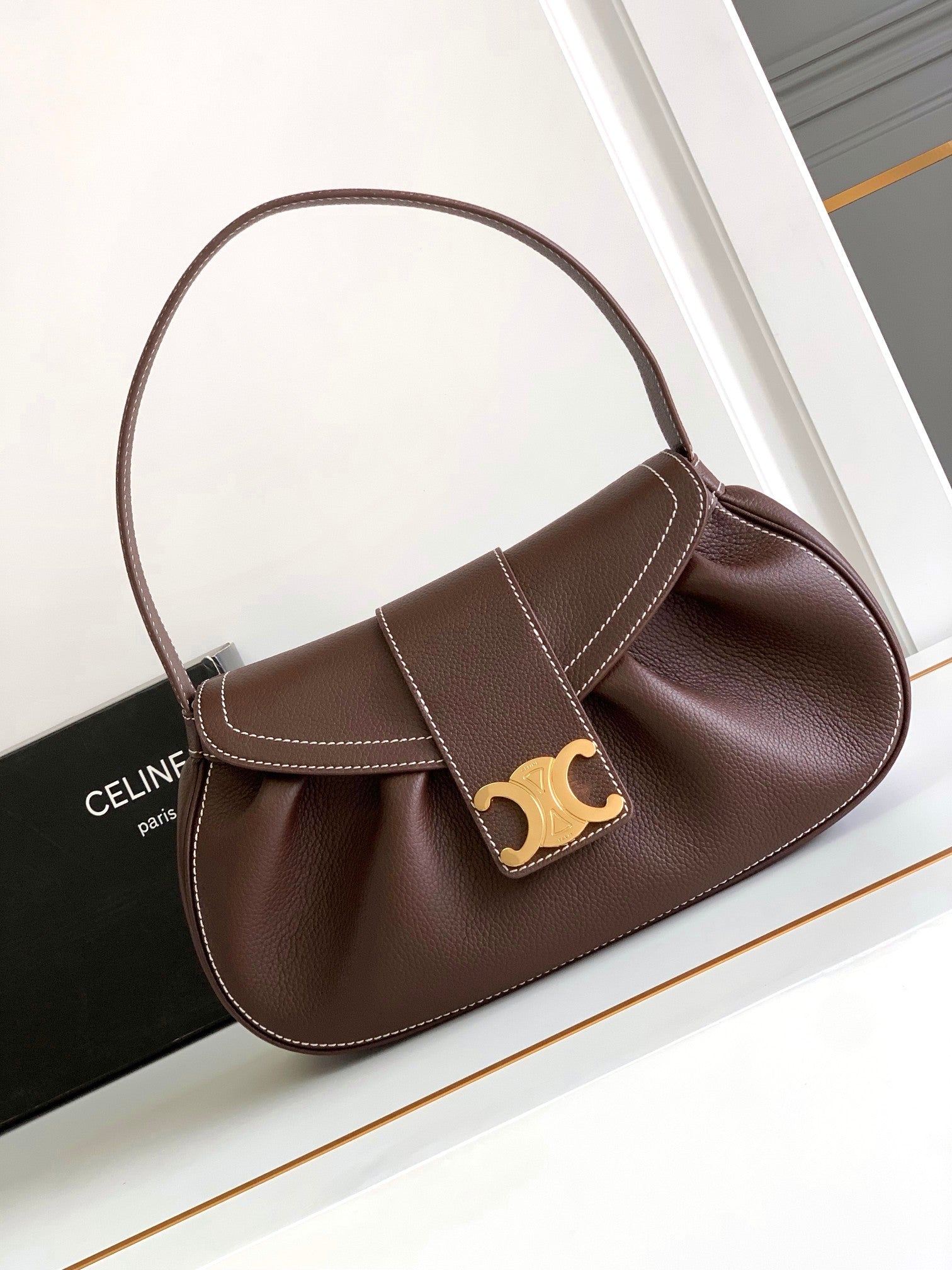 Celine Triomphe Shoulder Bag - Chocolate Brown Calfskin Leather