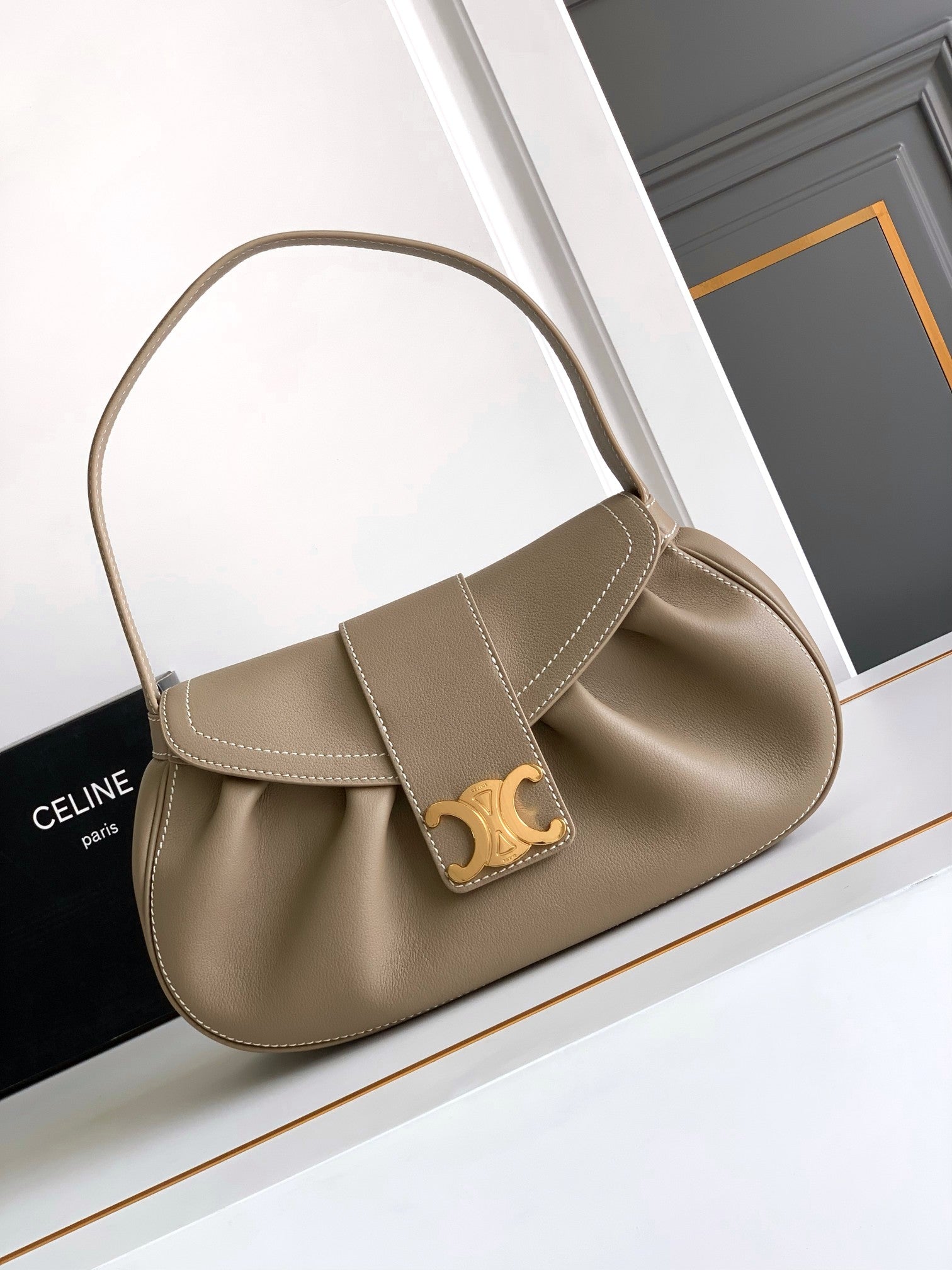 Celine Triomphe Shoulder Bag - Taupe Calfskin Leather