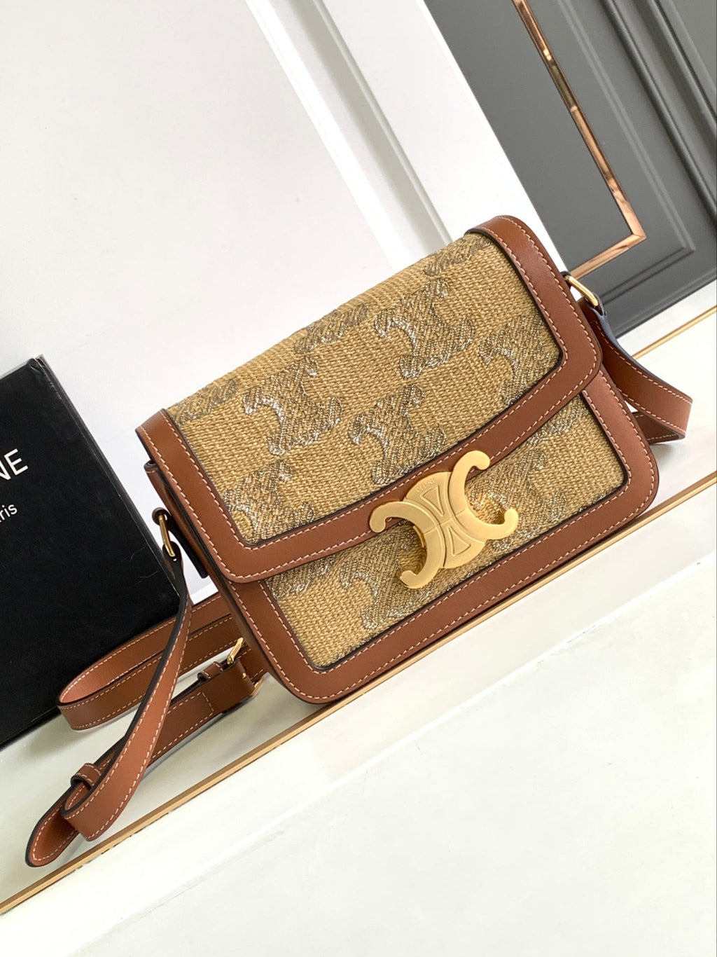 Celine Triomphe Crossbody Bag - Golden Canvas & Tan Leather