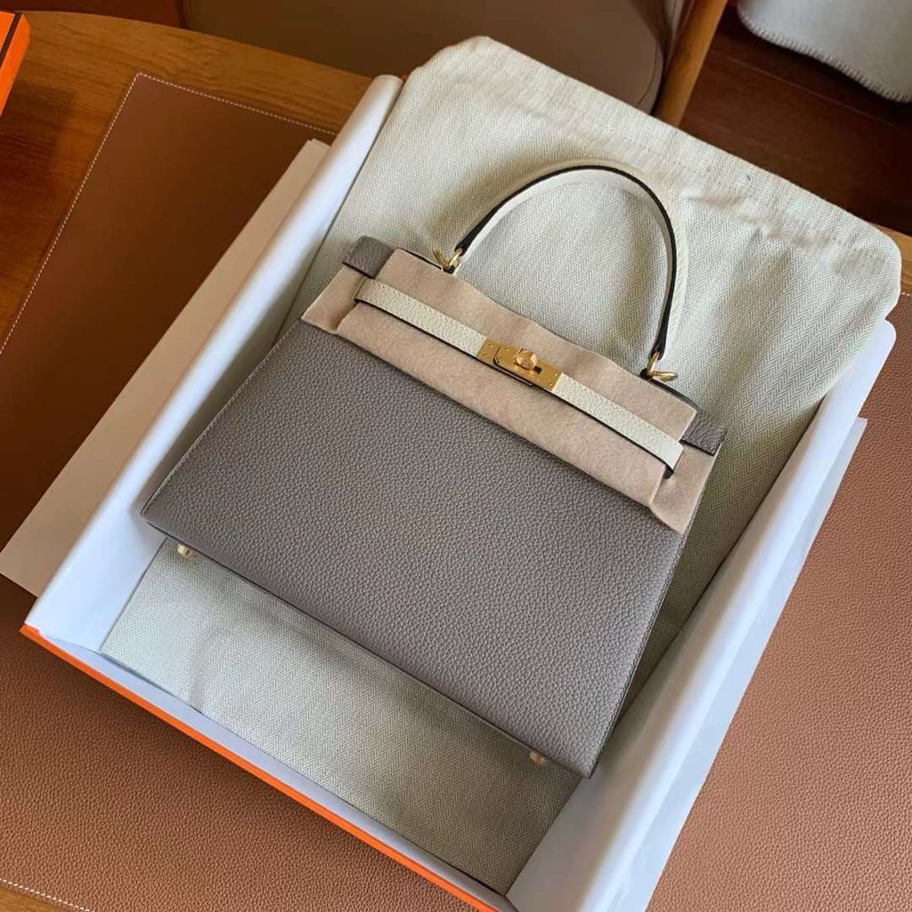 Hermès Special Order Gris Asphalte Craie Kelly 25 Togo Leather Gold Hardware