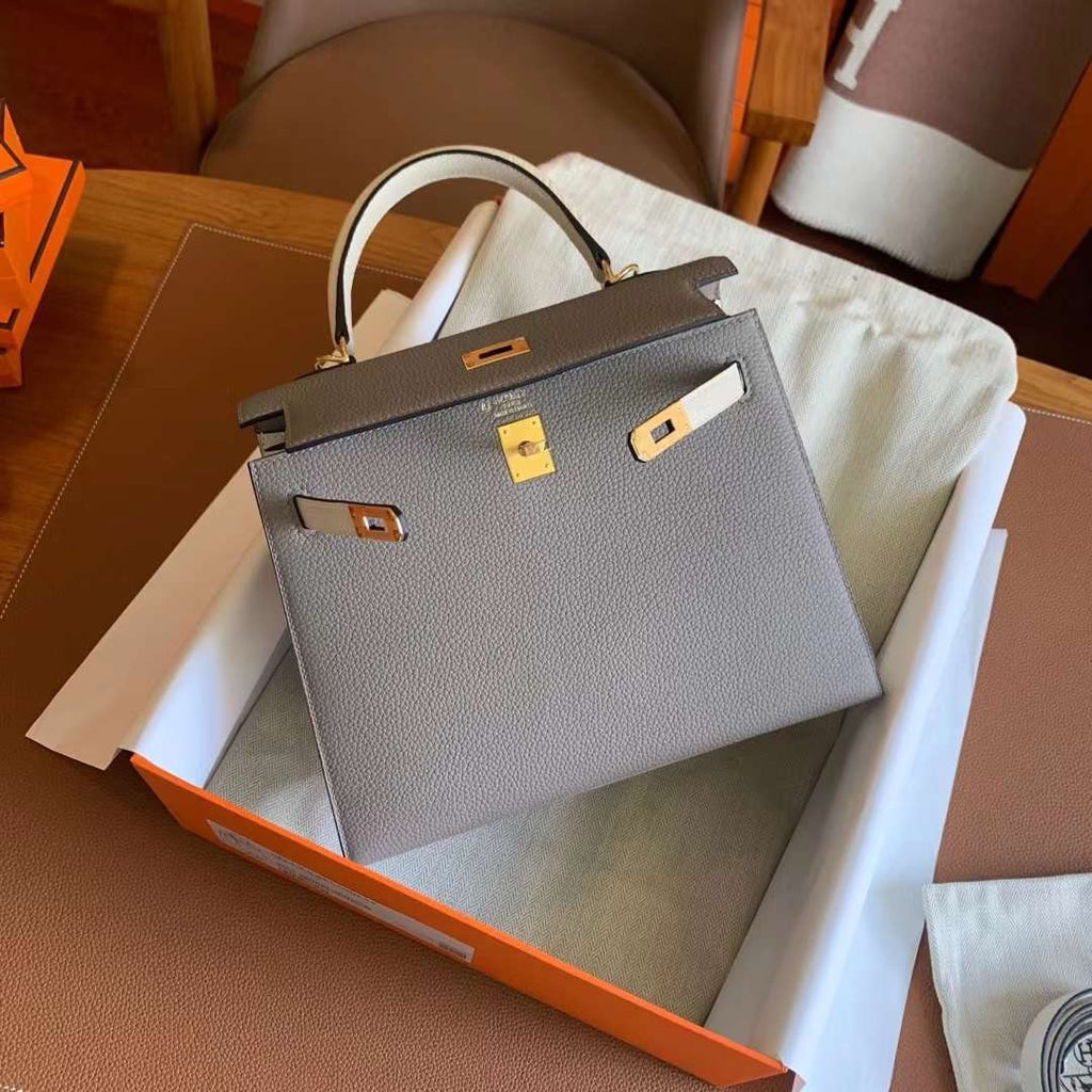 Hermès Special Order Gris Asphalte Craie Kelly 25 Togo Leather Gold Hardware