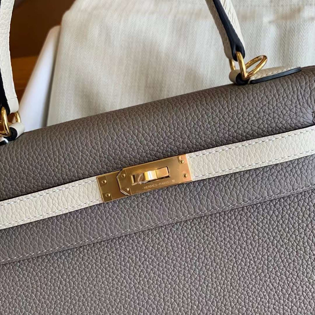 Hermès Special Order Gris Asphalte Craie Kelly 25 Togo Leather Gold Hardware