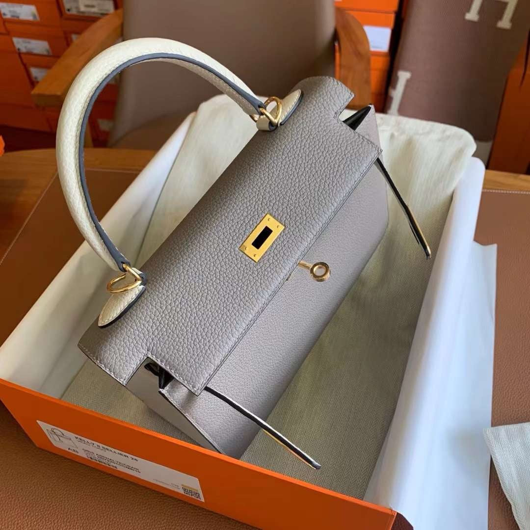Hermès Special Order Gris Asphalte Craie Kelly 25 Togo Leather Gold Hardware