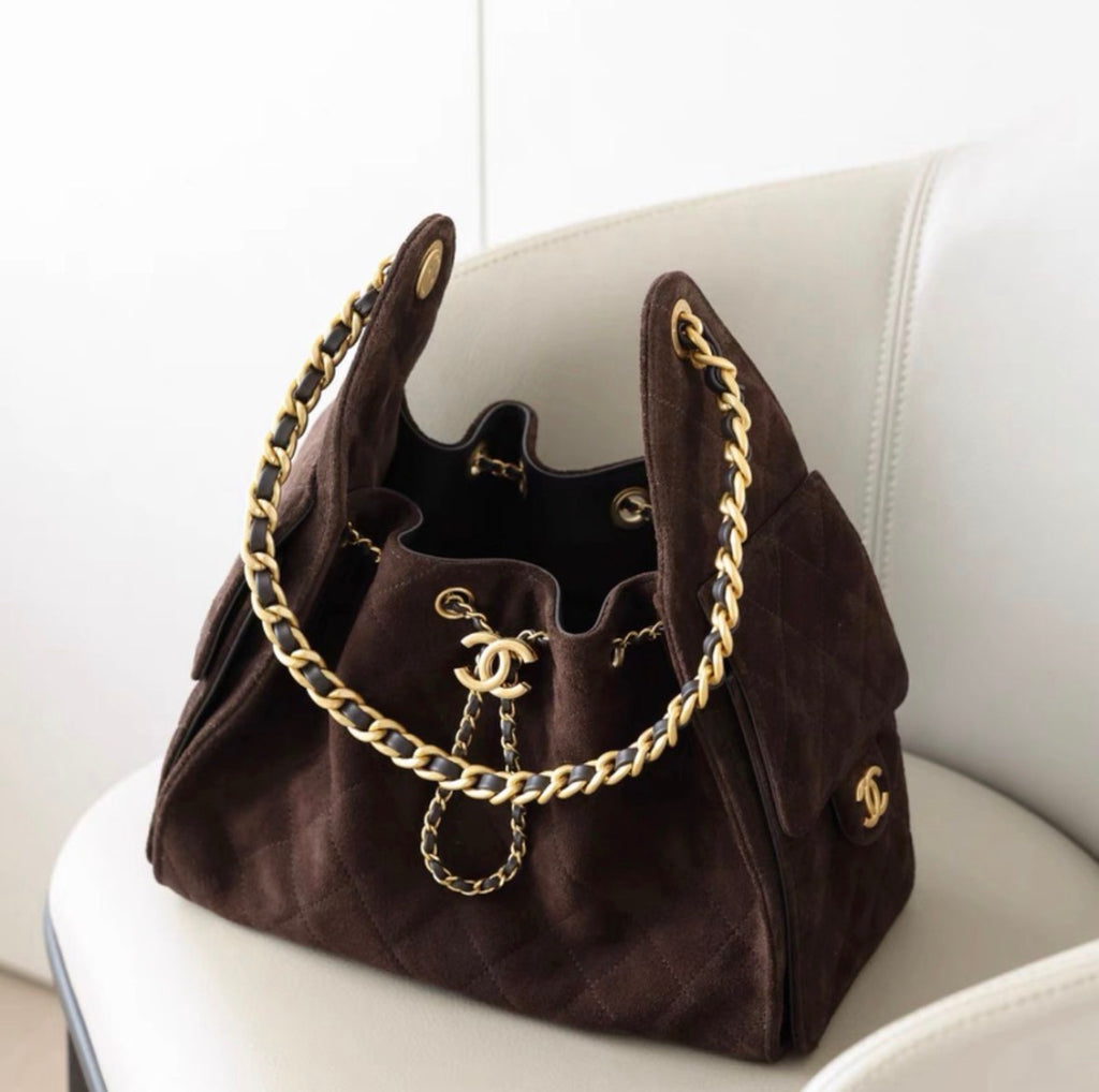 CHANEL Brown Suede Chain Bucket Bag