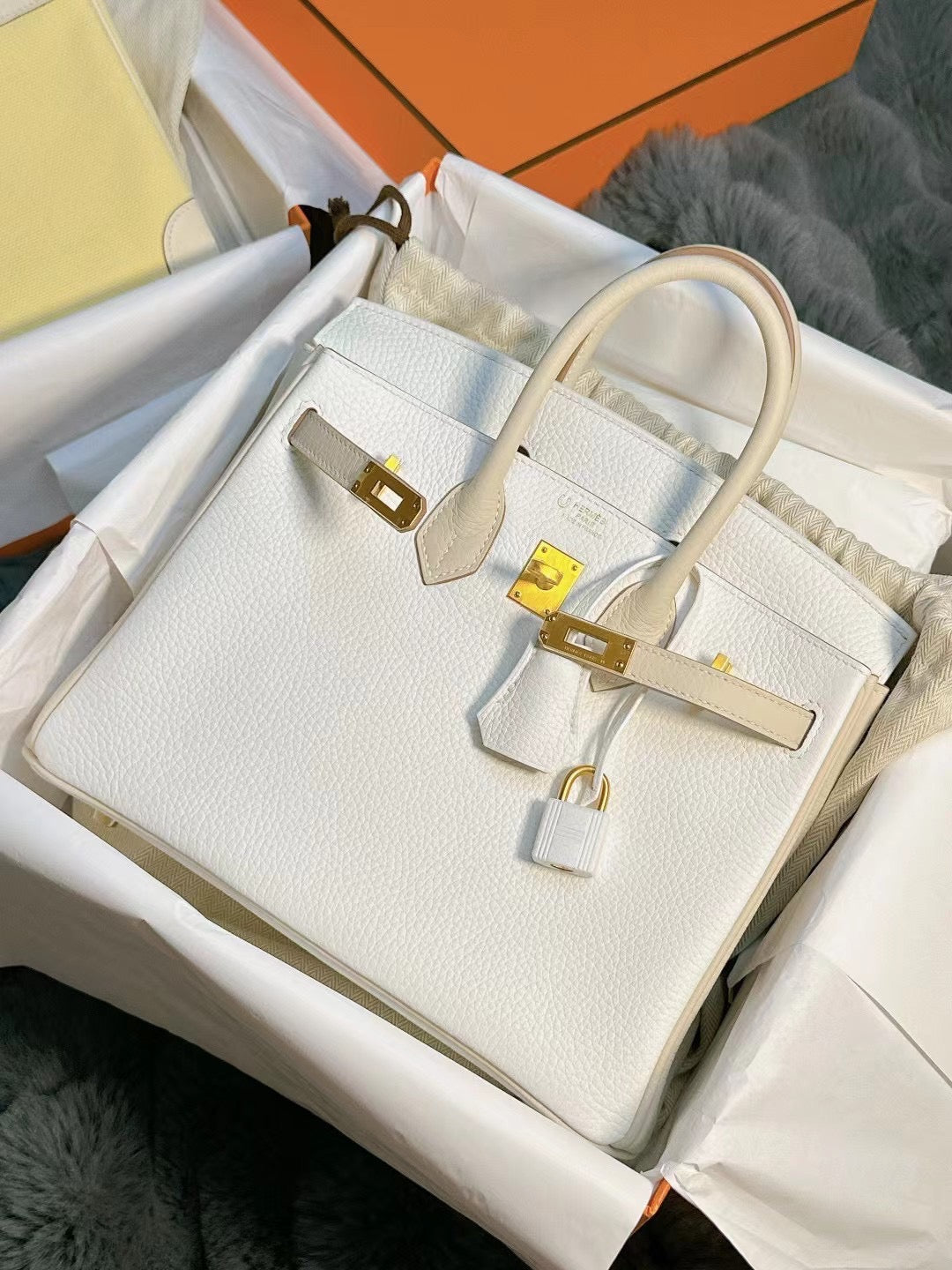HERMÈS Craie White Birkin 25cm Togo Gold Hardware