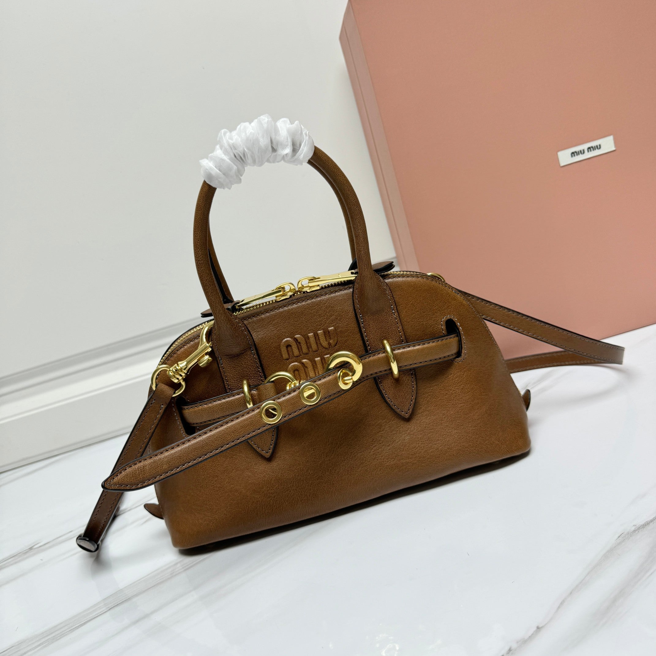 Miu Miu Madras Leather Satchel Bag - Brown