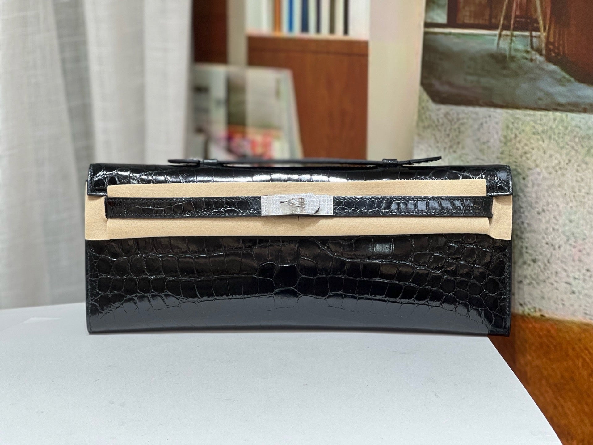 Hermès Kelly 31cm Black Cut Pochette Shiny Niloticus Croc Diamond Hardware