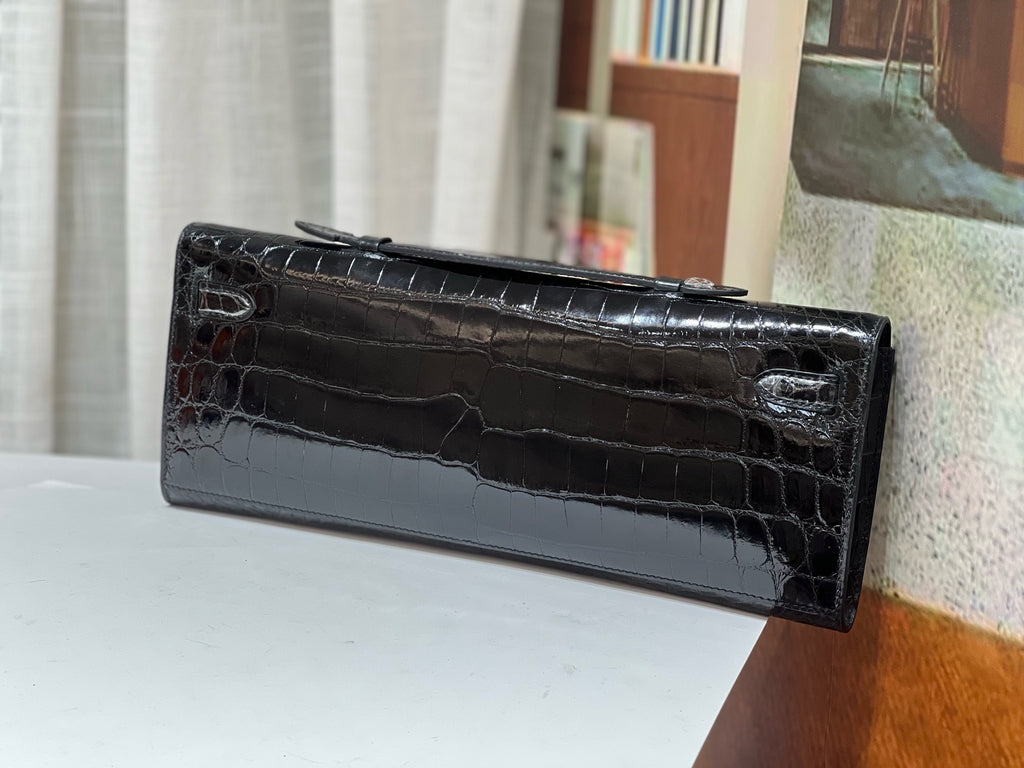 Hermès Kelly 31cm Black Cut Pochette Shiny Niloticus Croc Diamond Hardware