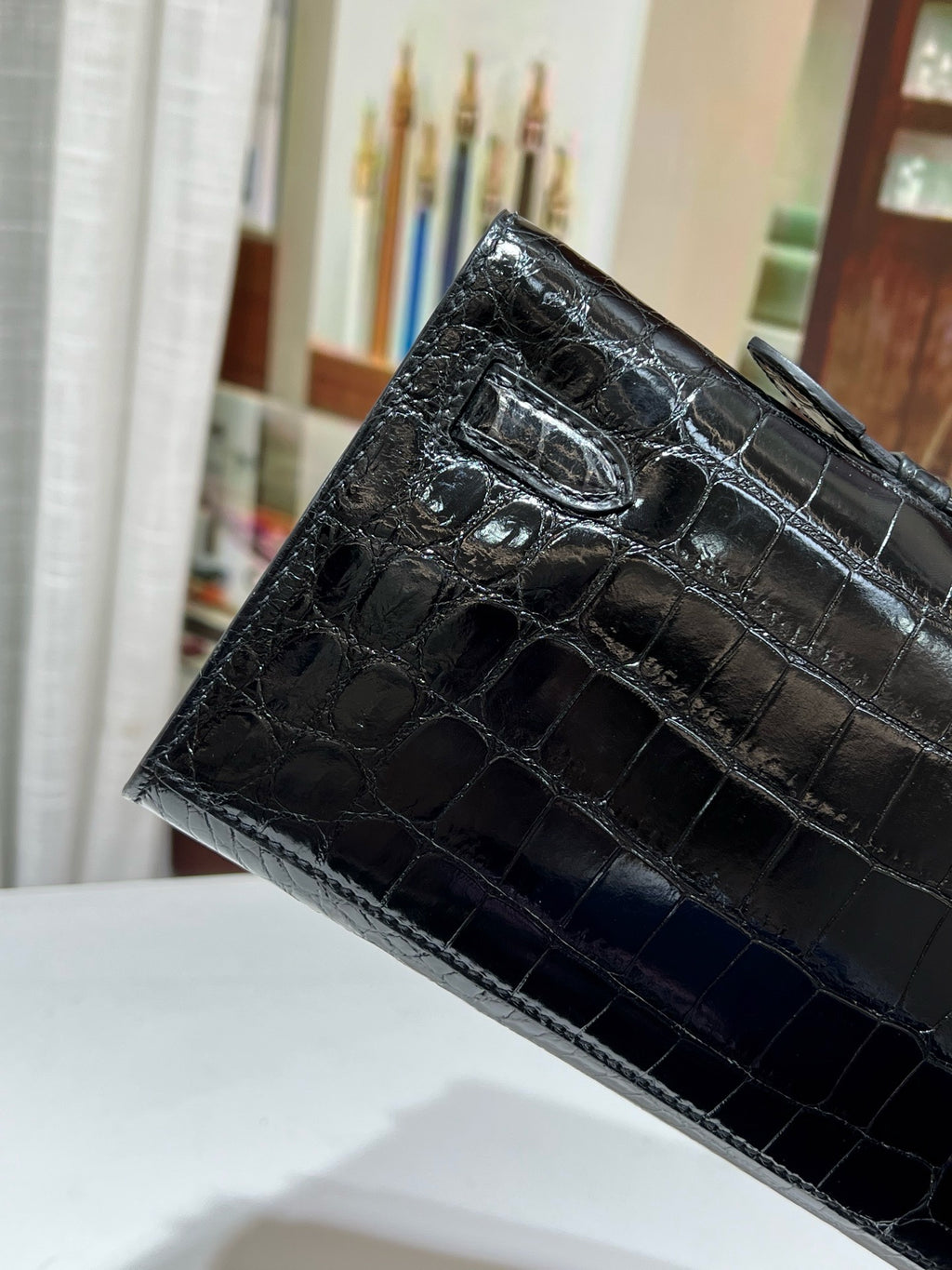 Hermès Kelly 31cm Black Cut Pochette Shiny Niloticus Croc Diamond Hardware