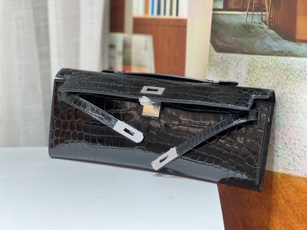 Hermès Kelly 31cm Black Cut Pochette Shiny Niloticus Croc Diamond Hardware