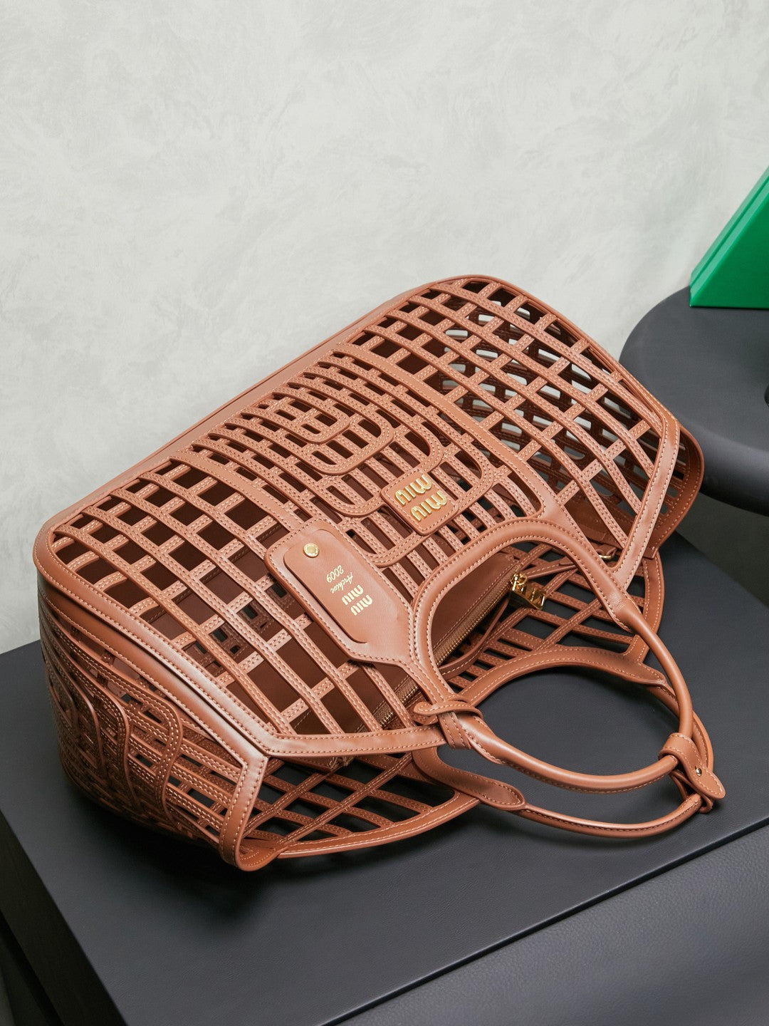 Miu Miu Woven Leather Basket Bag - Tan