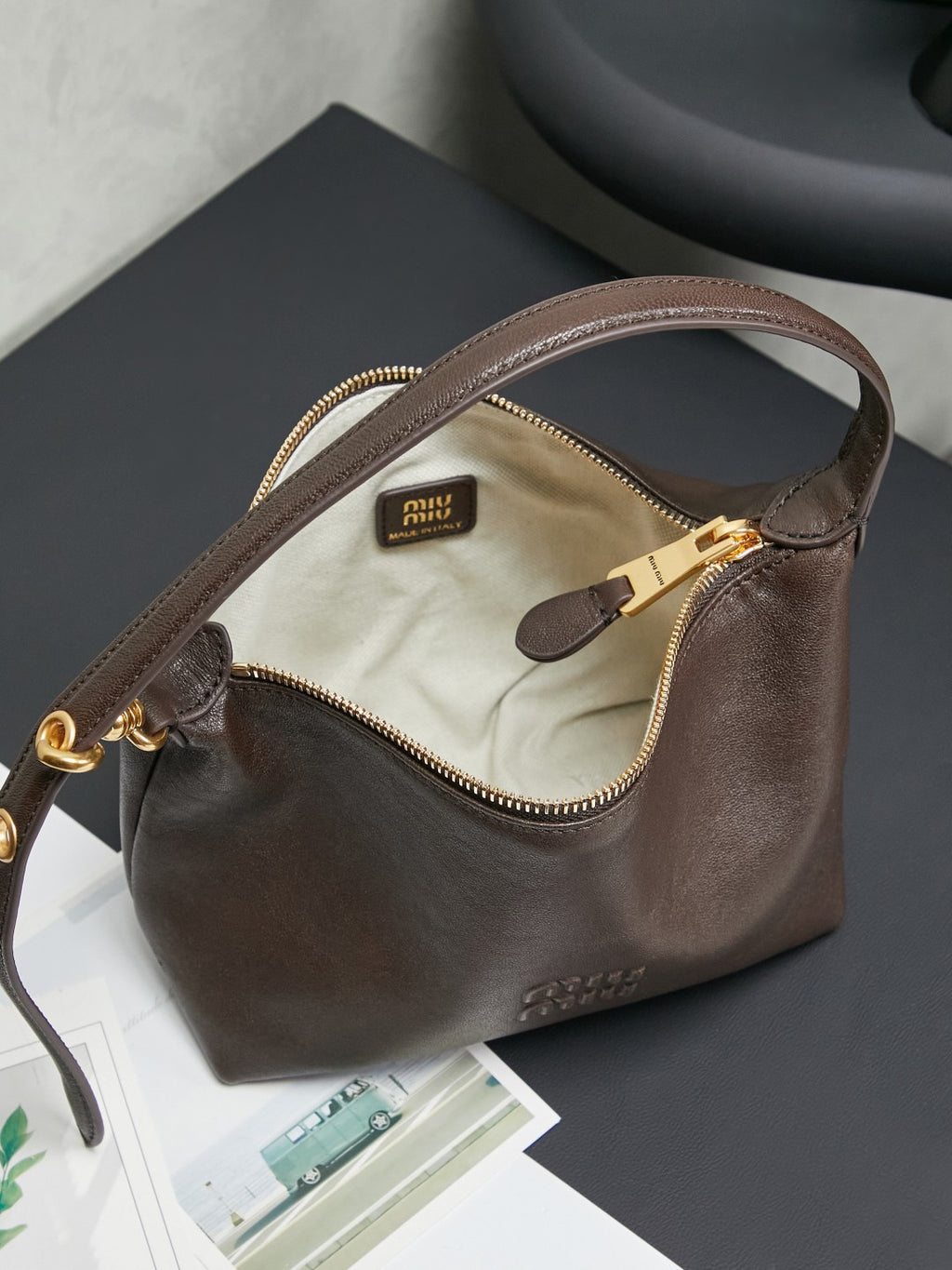 Miu Miu Smooth Leather Hobo Bag - Taupe Brown