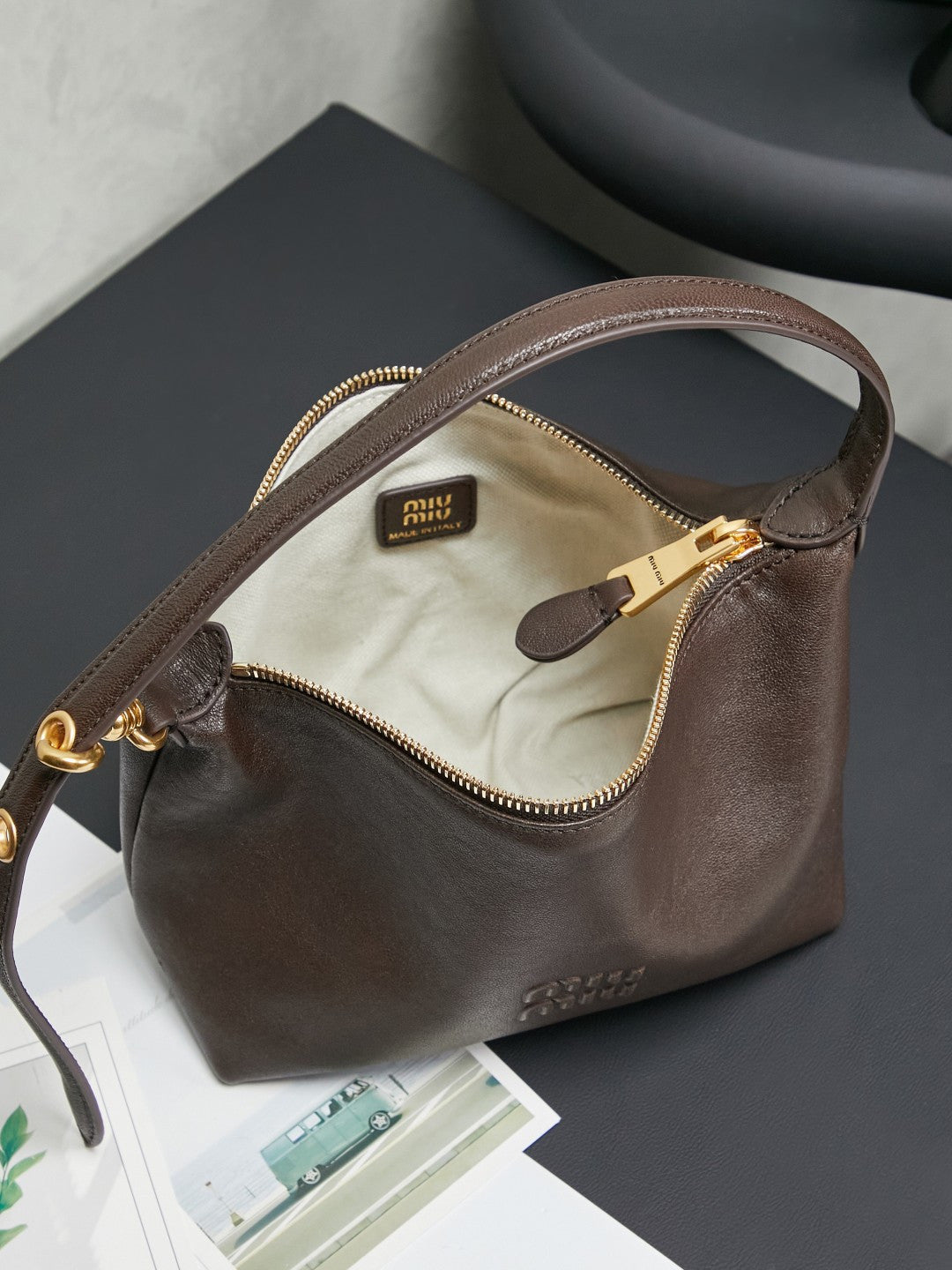Miu Miu Smooth Leather Hobo Bag - Taupe Brown