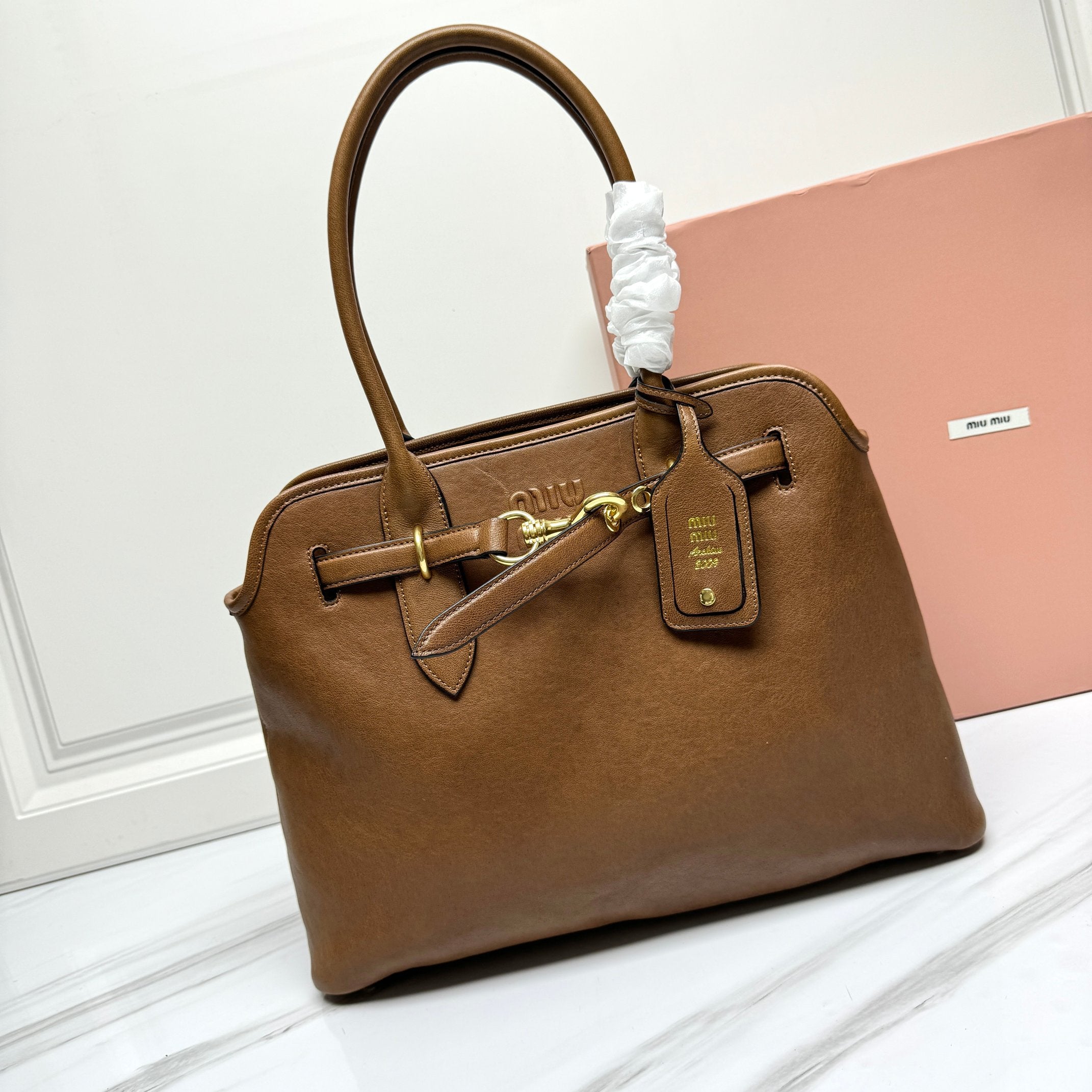 Miu Miu Madras Leather Tote Bag - Camel