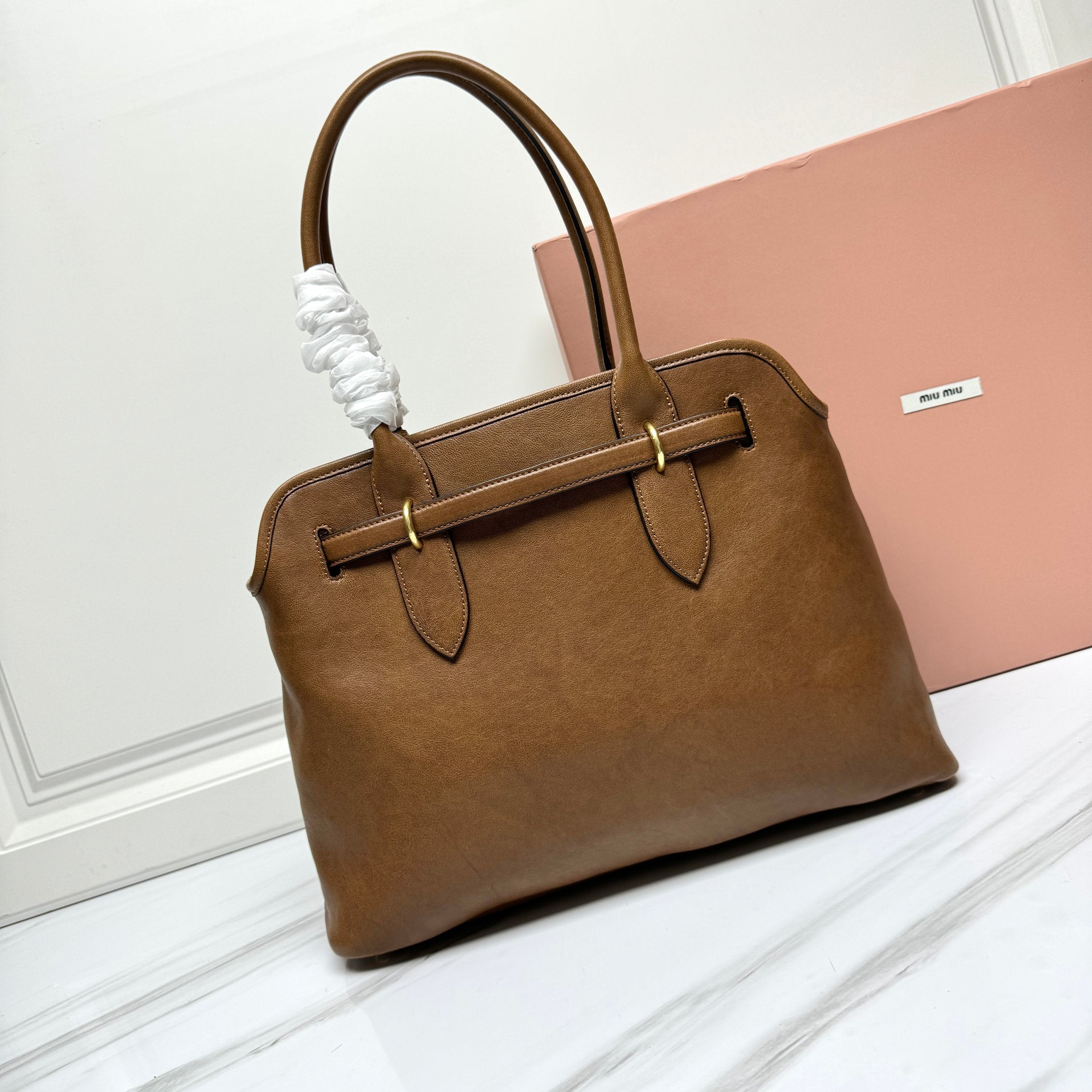 Miu Miu Madras Leather Tote Bag - Camel