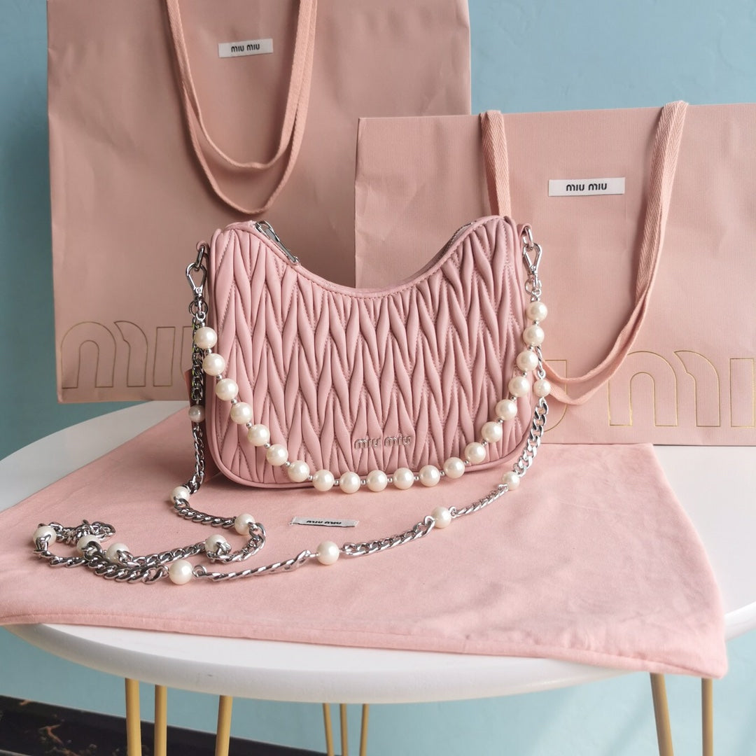 Miu Miu Matelassé Hobo Bag with Pearl Chain - Pink