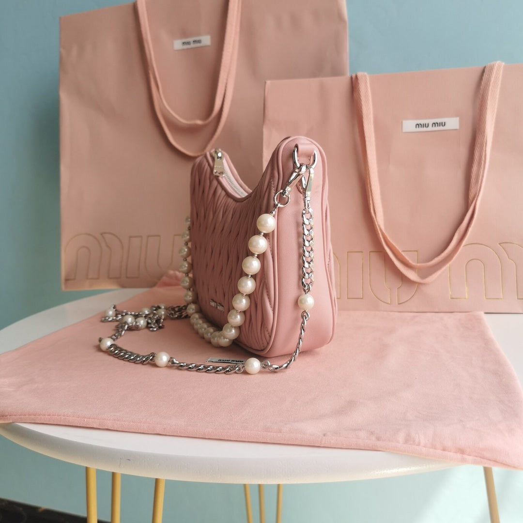 Miu Miu Matelassé Hobo Bag with Pearl Chain - Pink