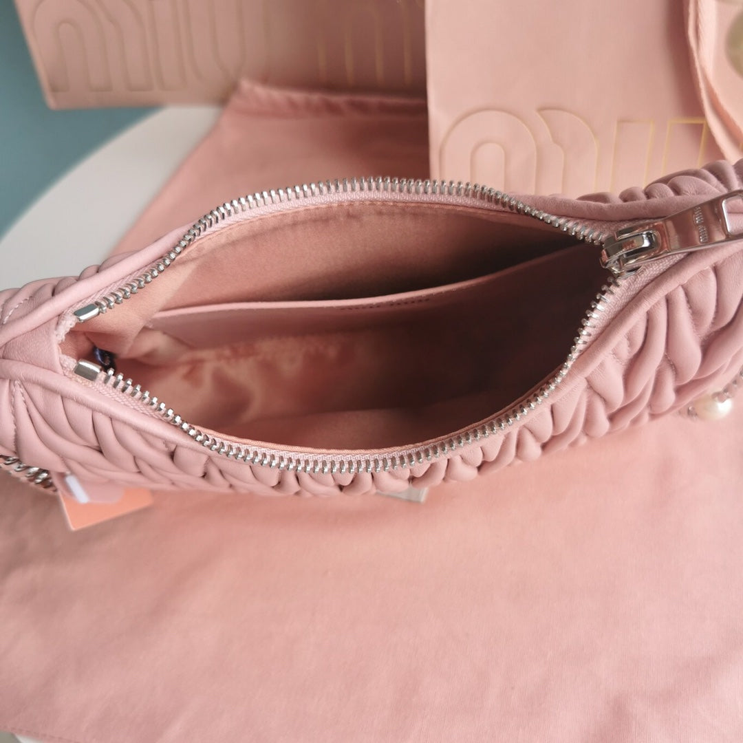 Miu Miu Matelassé Hobo Bag with Pearl Chain - Pink