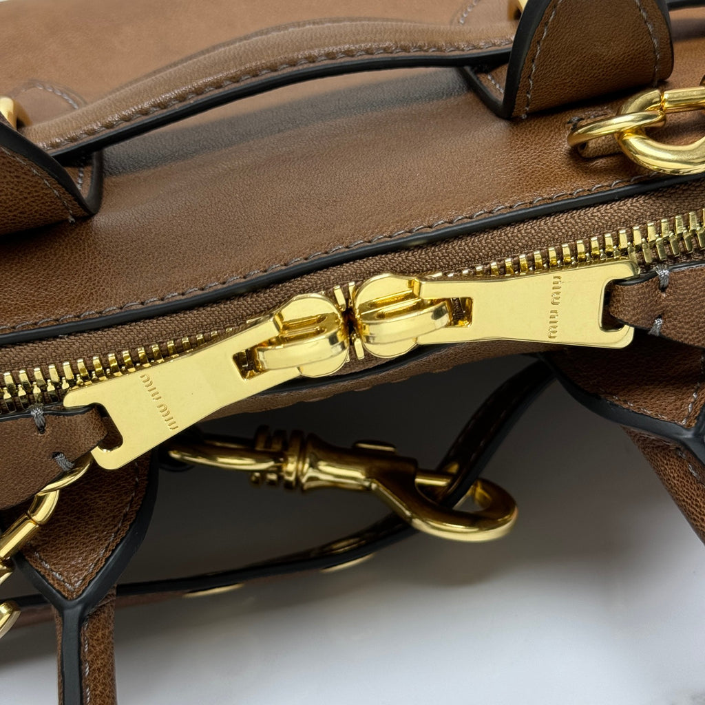 Miu Miu Madras Leather Satchel Bag - Brown