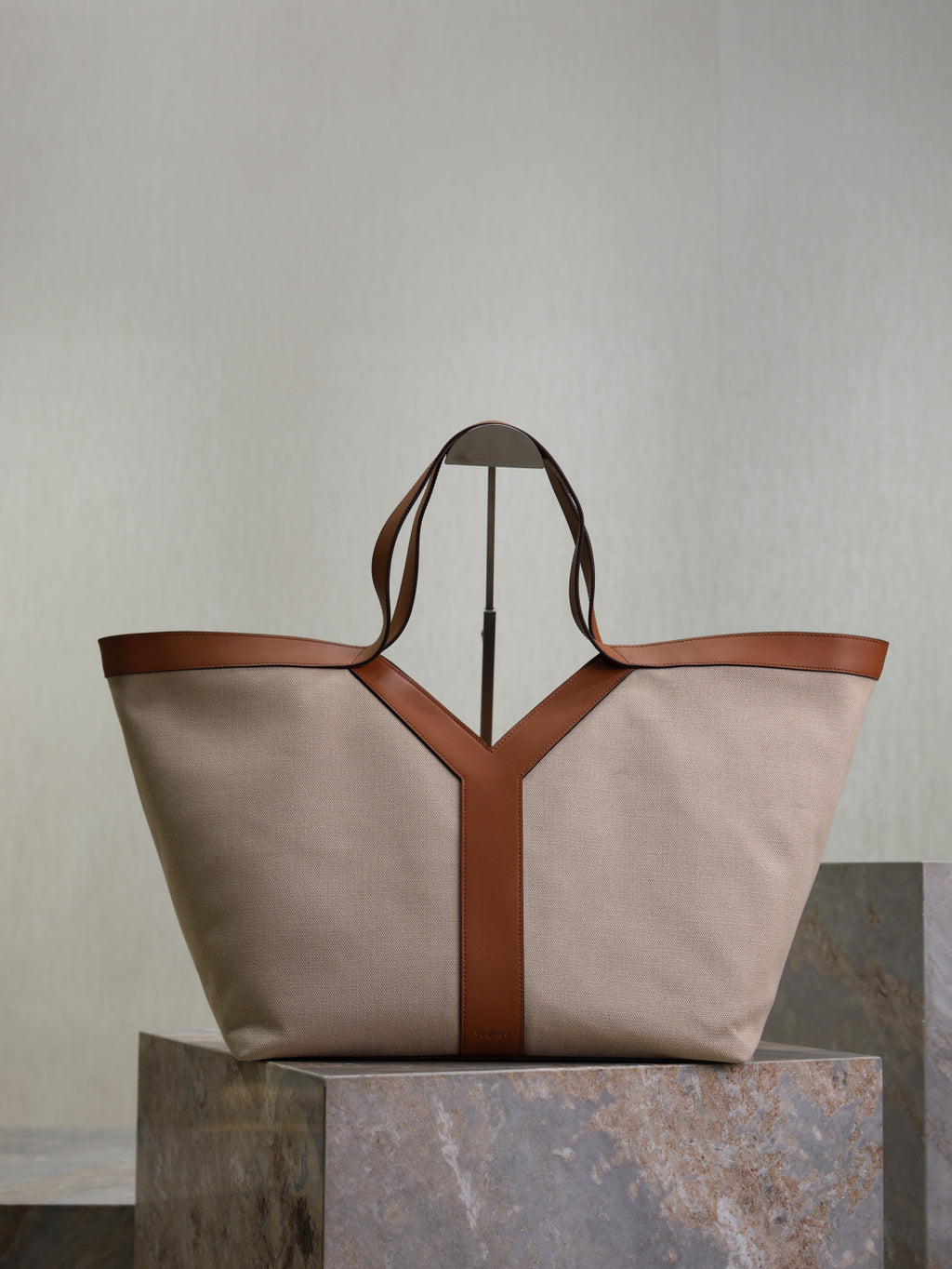 YSL Canvas Tote Bag with Leather Trim - Beige & Brown