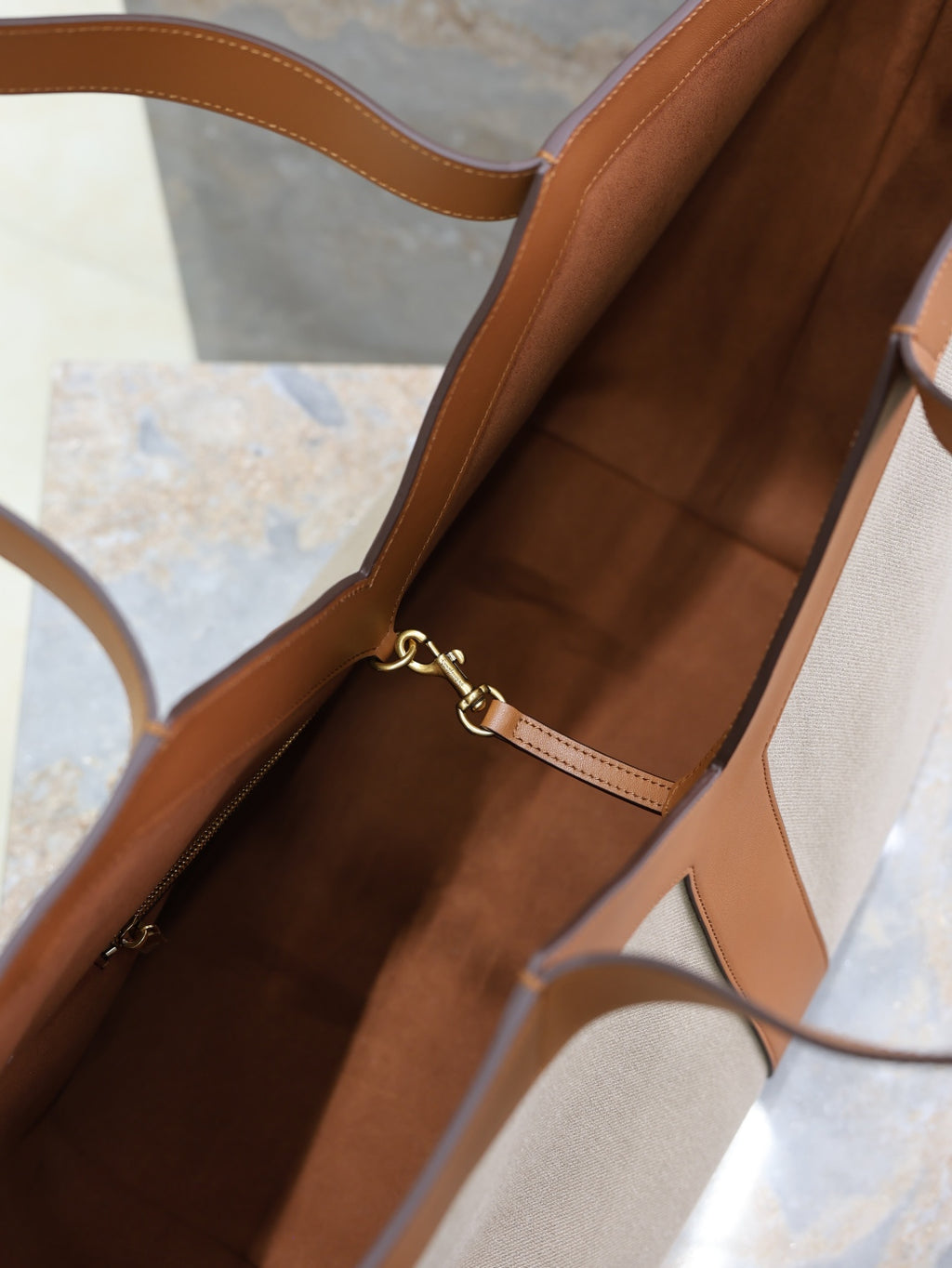 YSL Canvas Tote Bag with Leather Trim - Beige & Brown