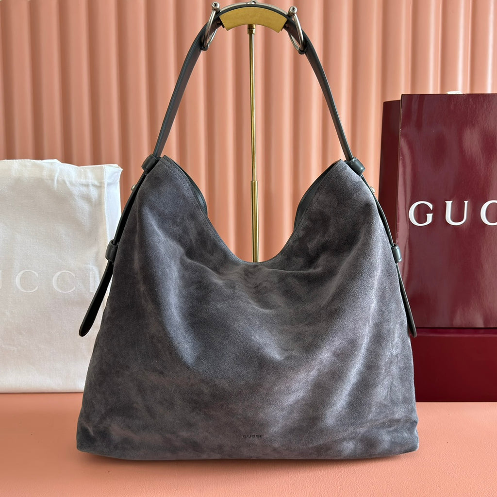 Gucci GG Embossed Suede Hobo Bag - Grey