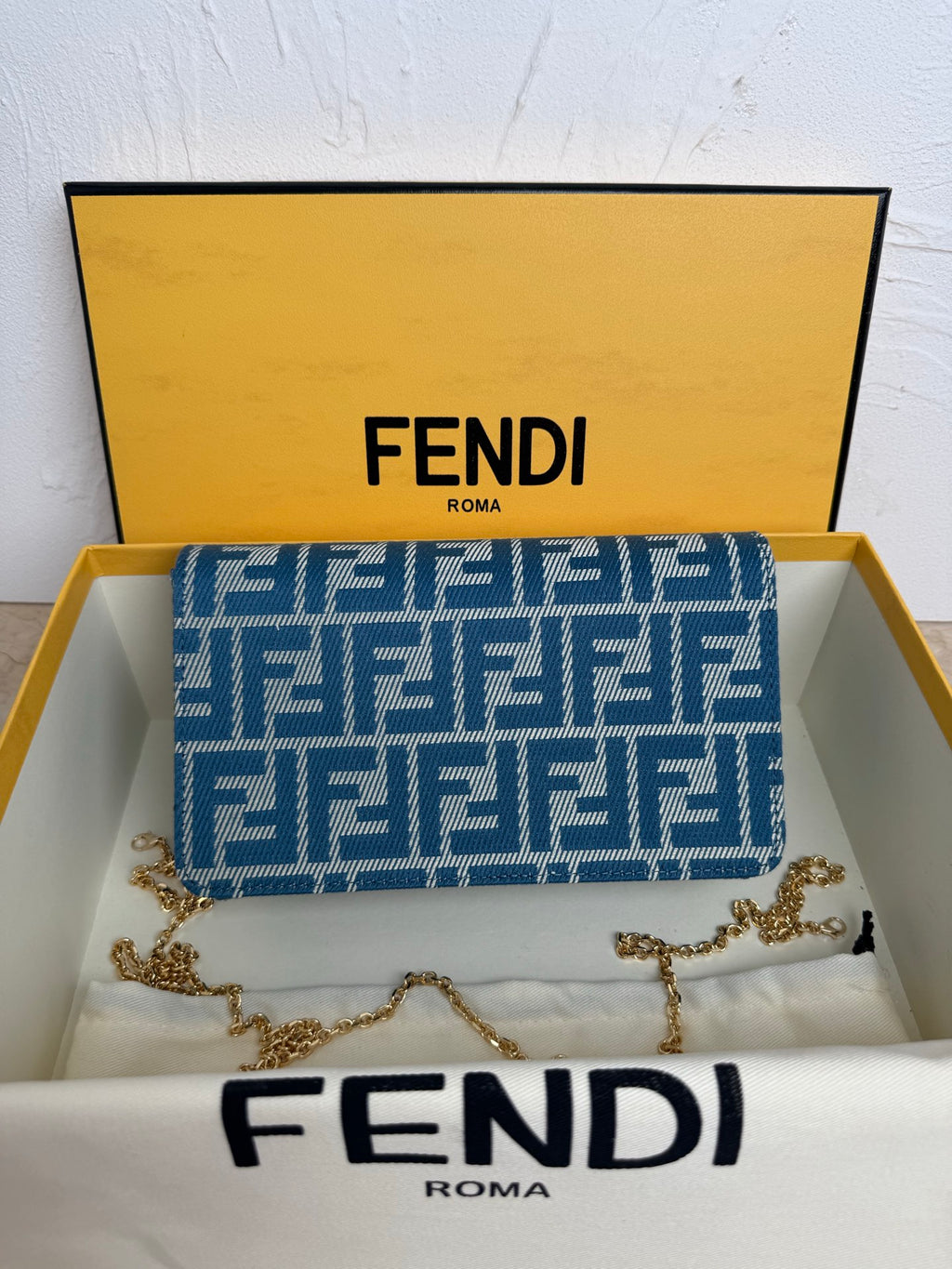 Fendi Baguette FF Denim Wallet on Chain - Blue