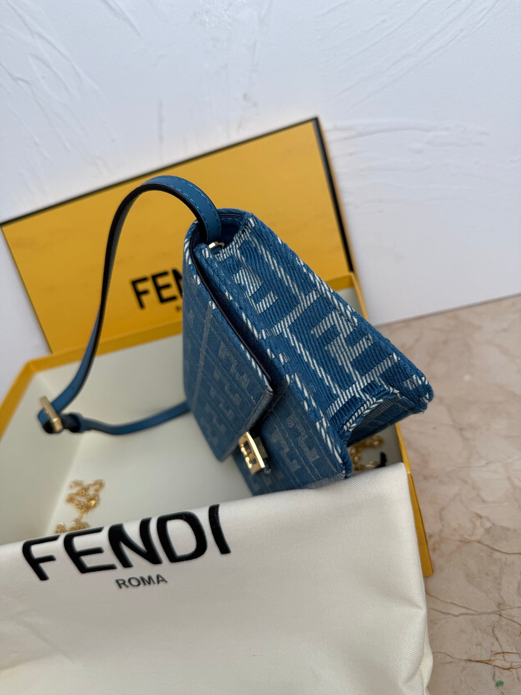 Fendi Baguette FF Denim Wallet on Chain - Blue