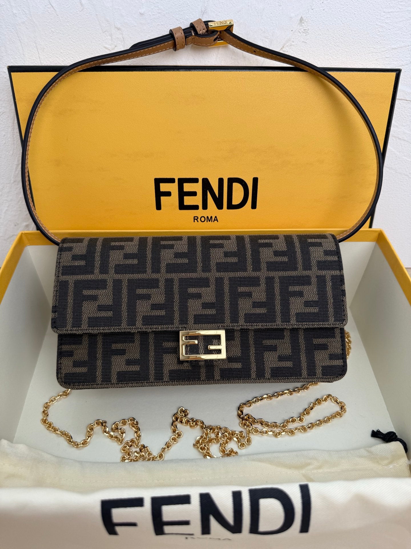 Fendi Baguette FF Canvas Wallet on Chain - Grey