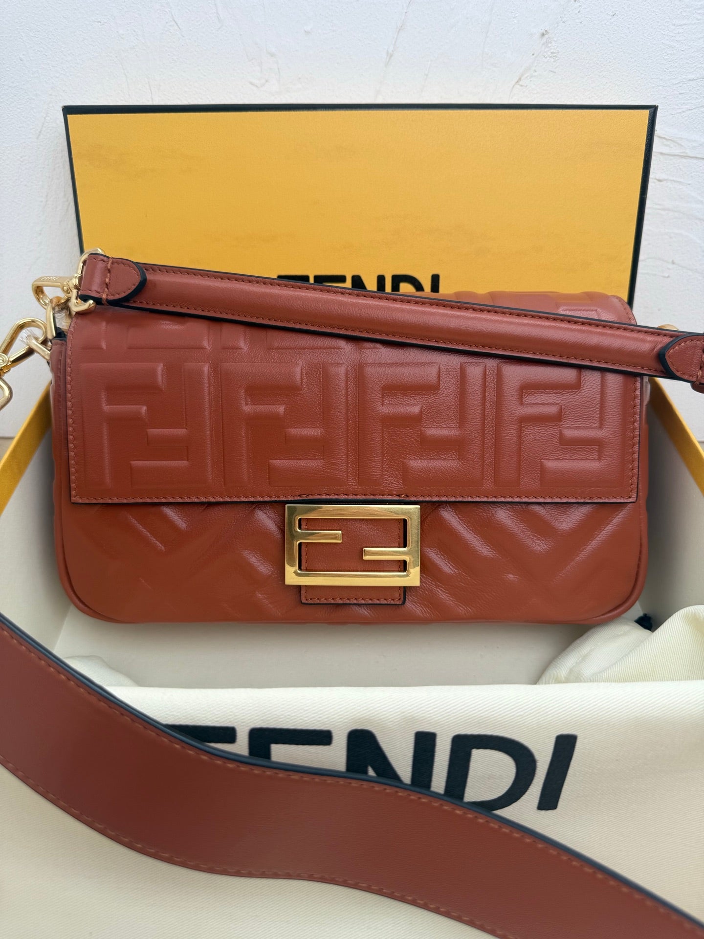 Fendi Baguette Embossed FF Leather Bag - Terracotta