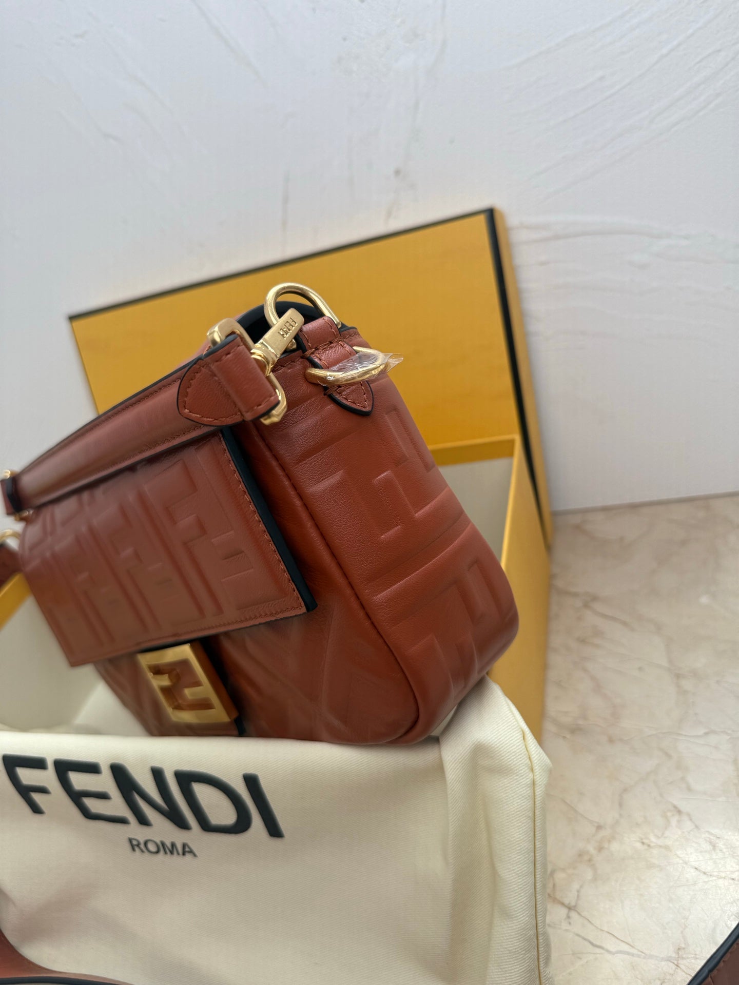 Fendi Baguette Embossed FF Leather Bag - Terracotta