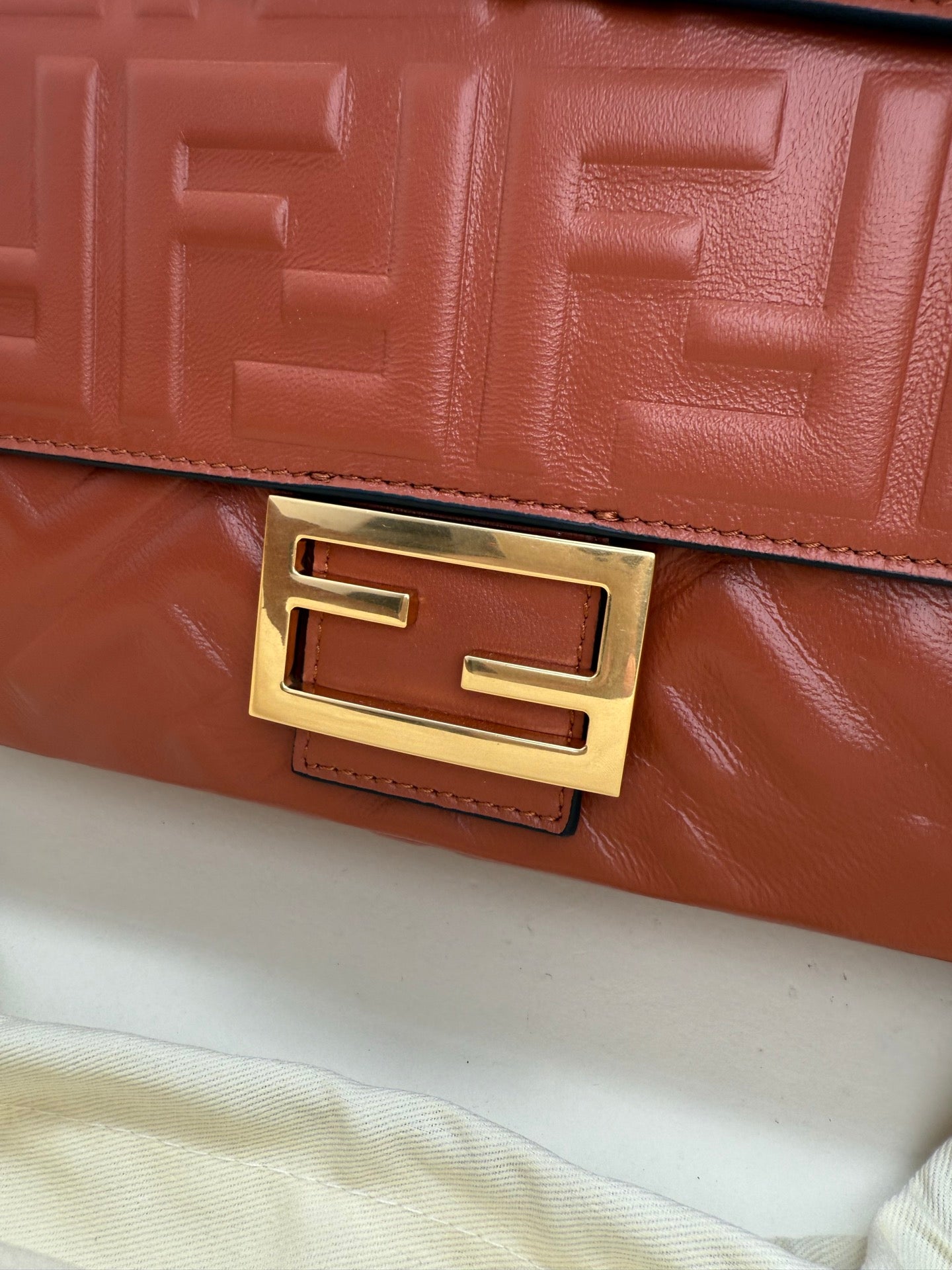 Fendi Baguette Embossed FF Leather Bag - Terracotta