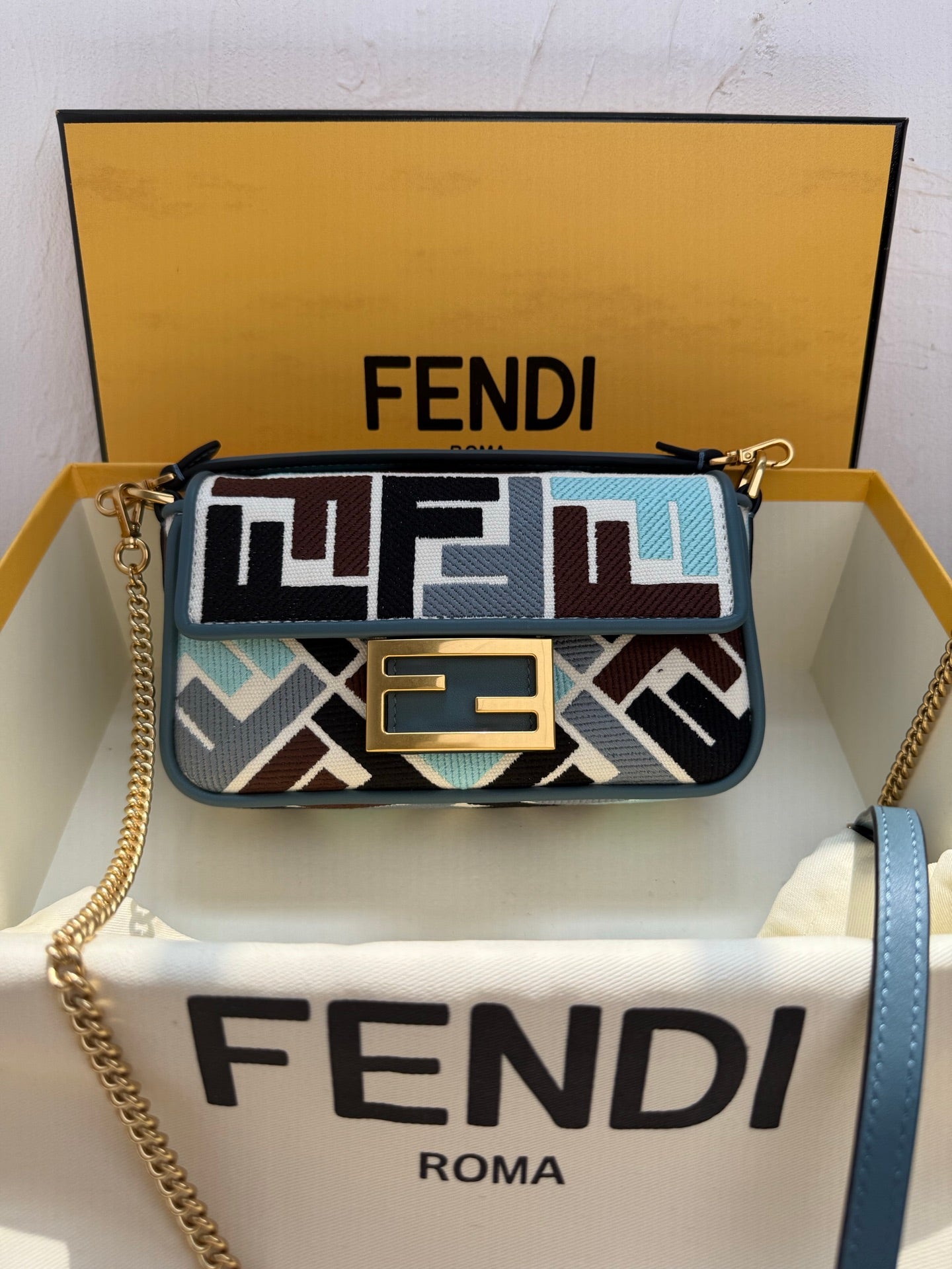Fendi Baguette Multicolor FF Embroidered Bag - Blue