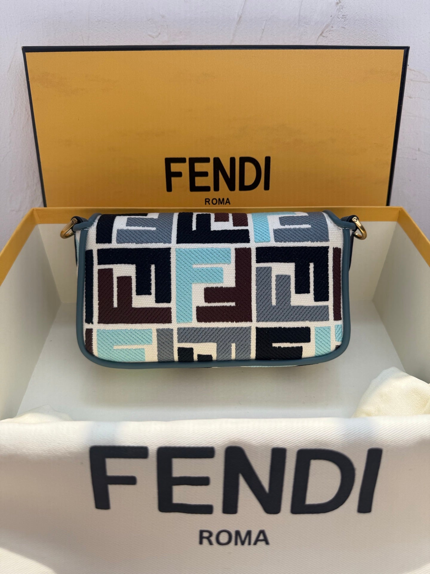 Fendi Baguette Multicolor FF Embroidered Bag - Blue