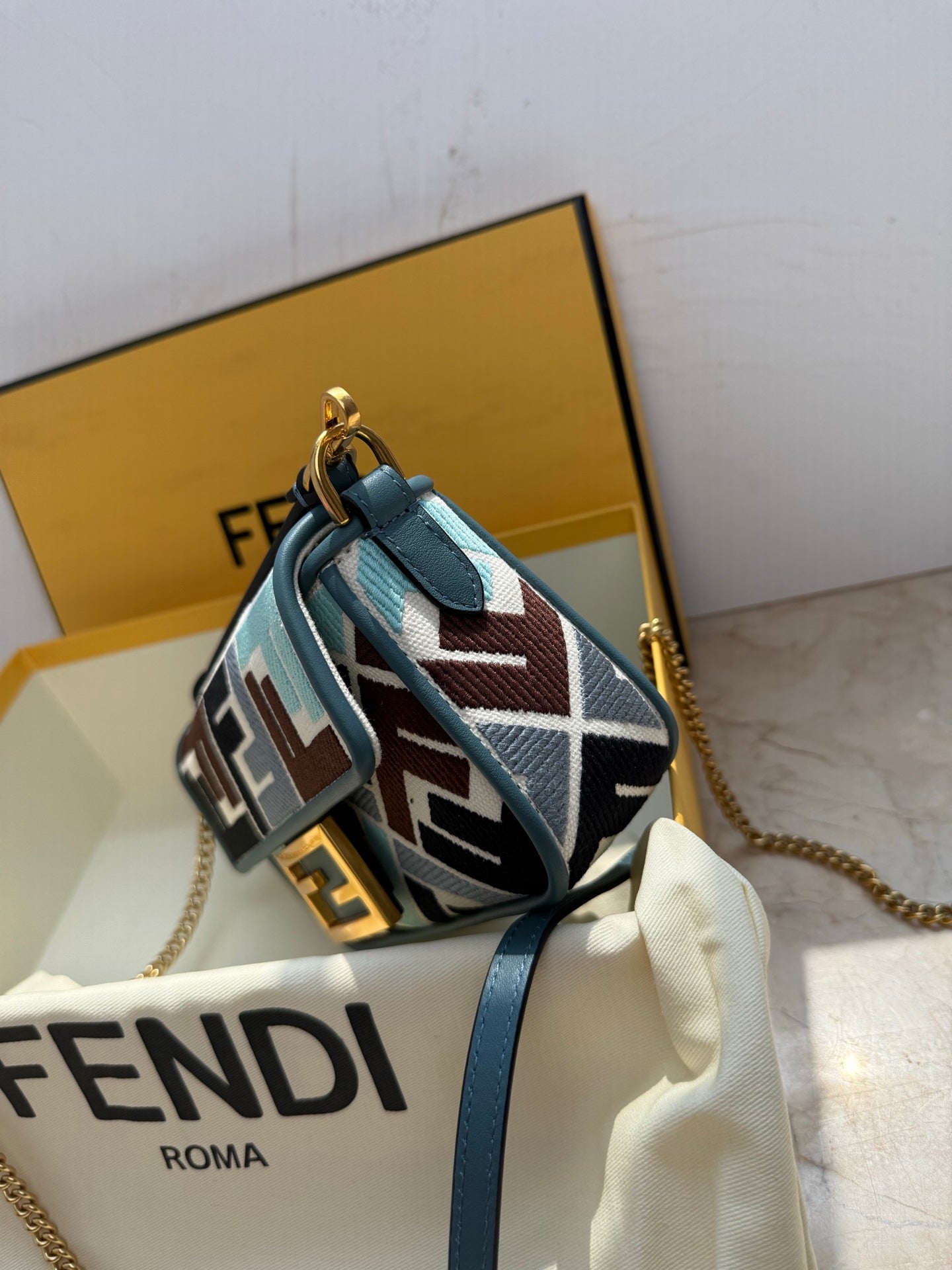 Fendi Baguette Multicolor FF Embroidered Bag - Blue