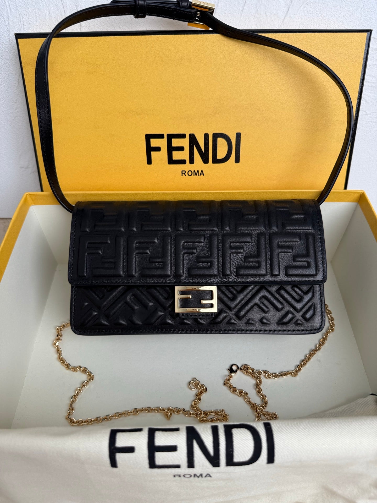 Fendi Baguette Embossed FF Leather Bag - Black