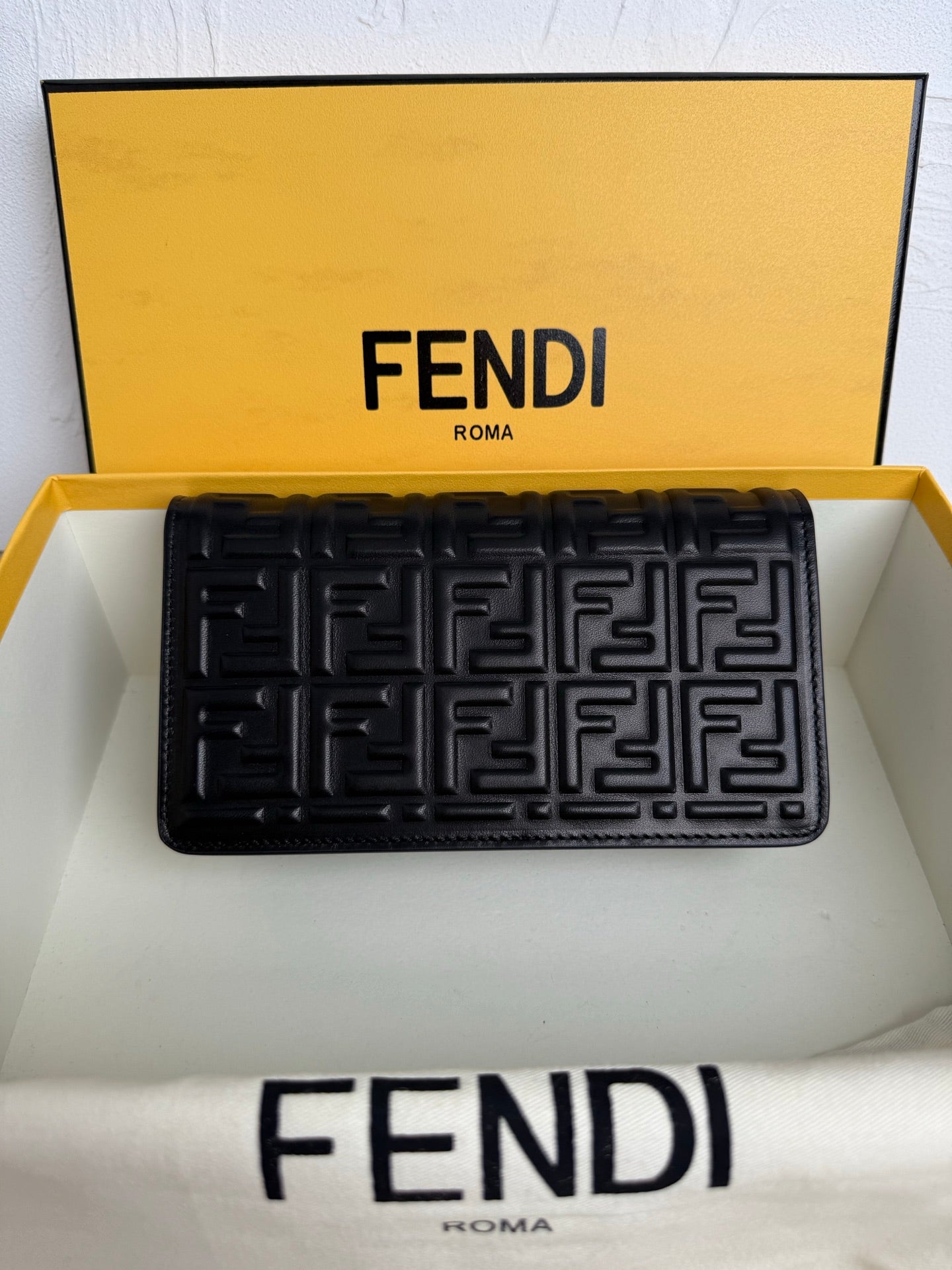 Fendi Baguette Embossed FF Leather Bag - Black