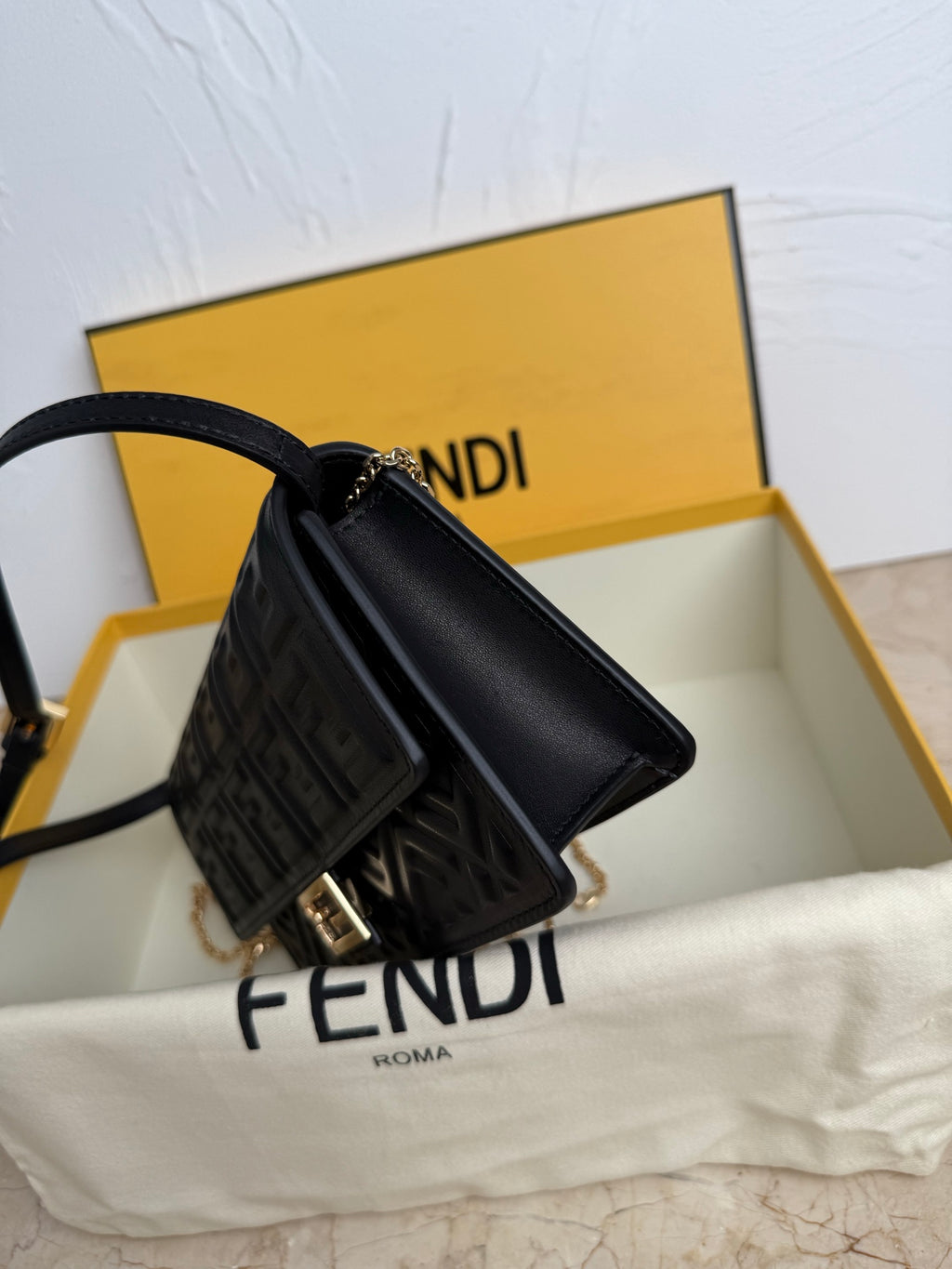 Fendi Baguette Embossed FF Leather Bag - Black