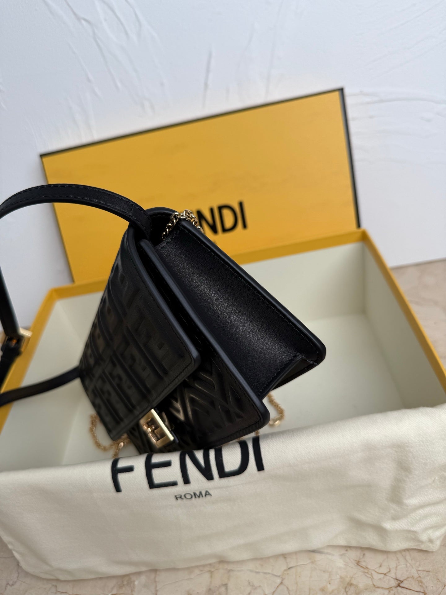 Fendi Baguette Embossed FF Leather Bag - Black