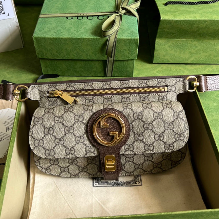 GUCCI GG Supreme Canvas Belt Bag with Brown Leather Trim and Gold Hardware