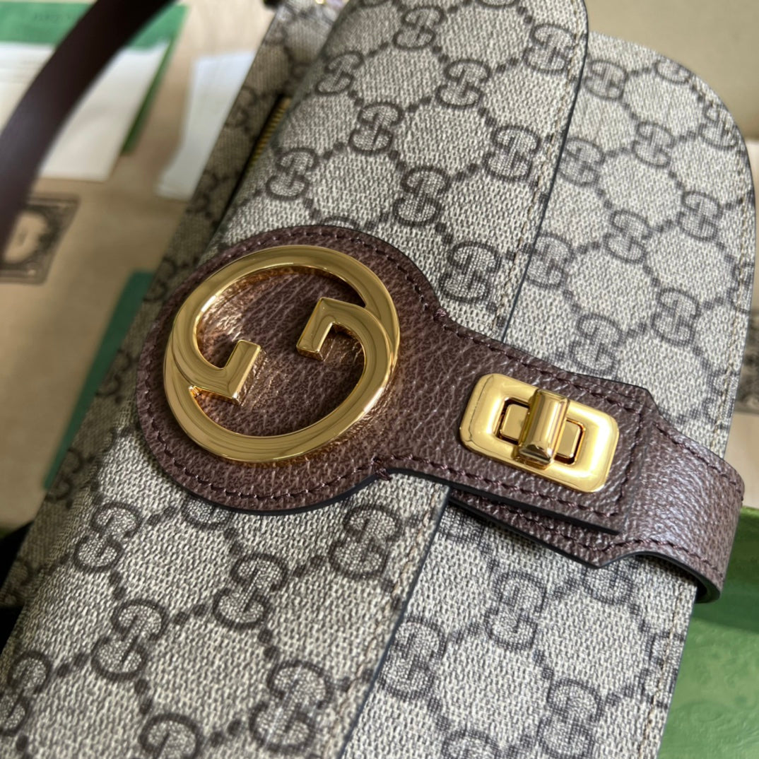 GUCCI GG Supreme Canvas Belt Bag with Brown Leather Trim and Gold Hardware